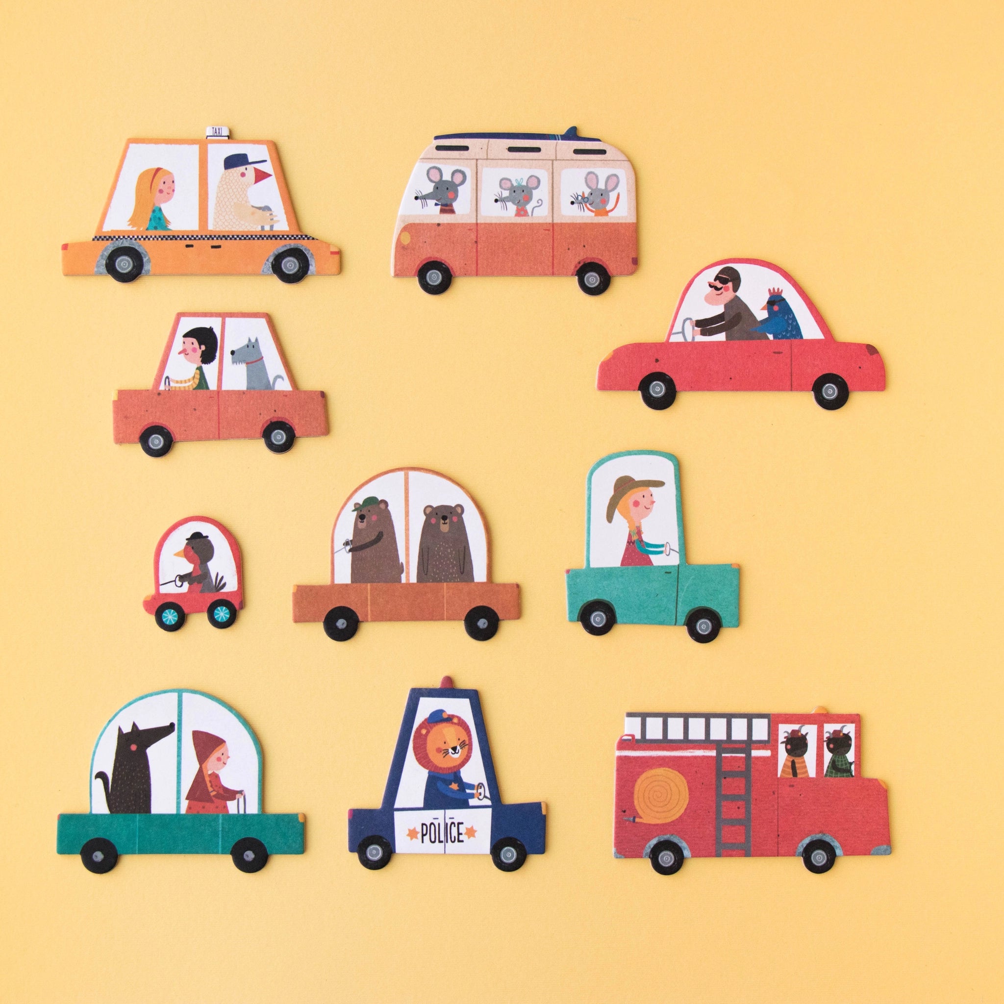 Puzzle & Suchspiel: Beep Beep zeigt eine Gruppe von Cartoon-Spielzeugautos, darunter ein Bus mit einer Maus und ein Feuerwehrauto. Fördert Konzentration und Beobachtung, ideal für Kinder ab 3 Jahren.