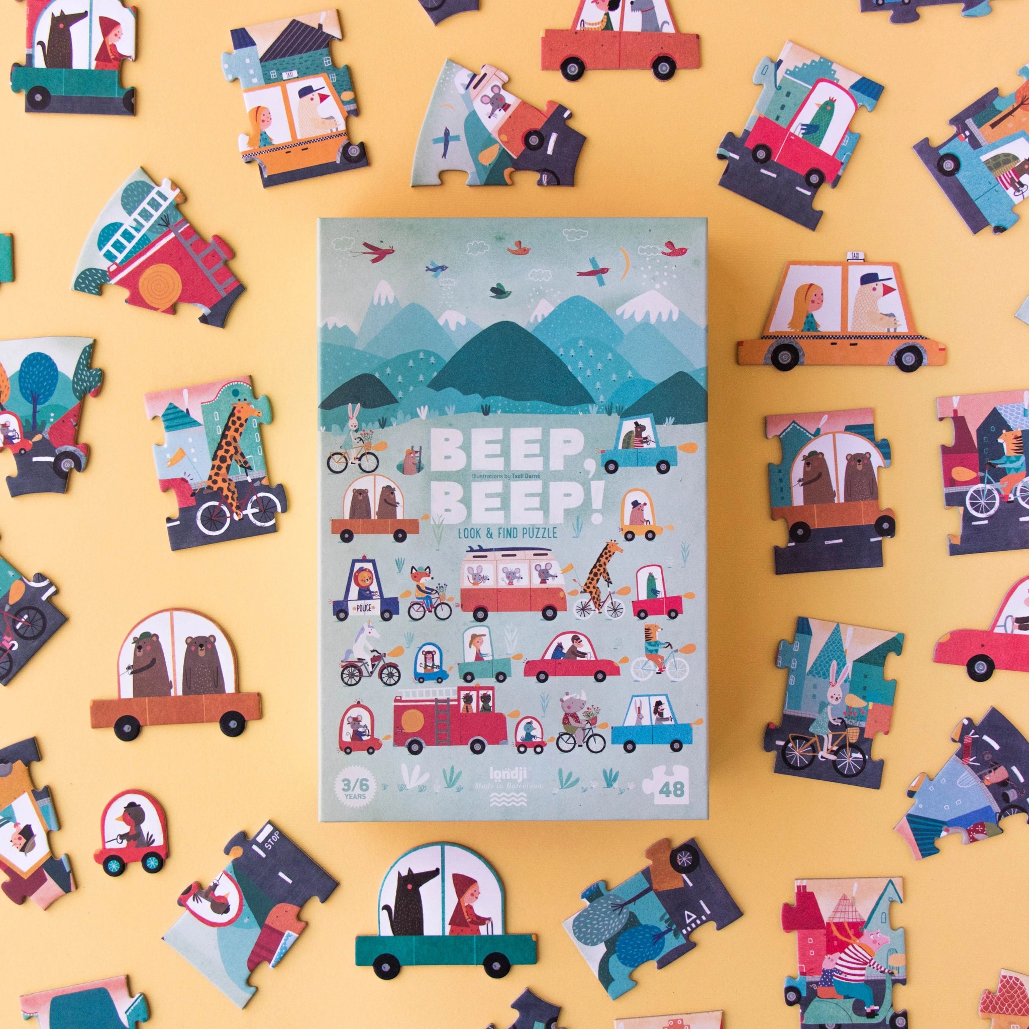 Puzzle & Suchspiel: Beep Beep, eine 48-teilige Puzzlebox mit Cartoon-Autos, Tieren auf Fahrzeugen und Suchkarten, hergestellt aus FSC-Papier und recyceltem Karton, geeignet für Kinder ab 3 Jahren.