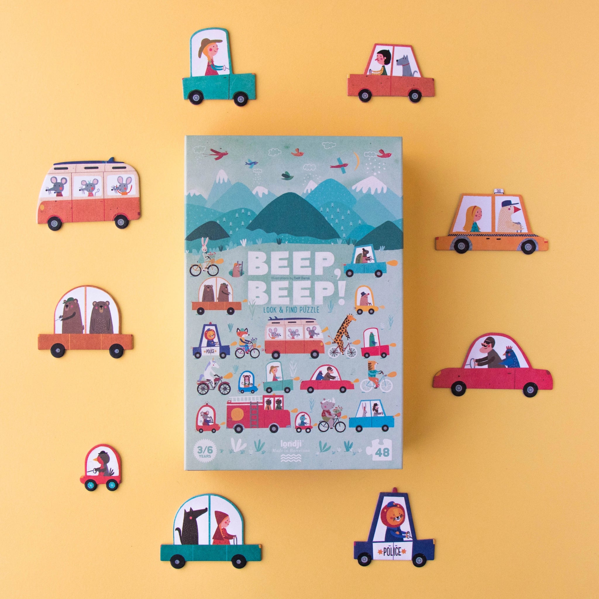 Puzzle & Suchspiel: Beep Beep, ein 48-teiliges Puzzle aus recyceltem Karton, zeigt Cartoon-Fahrzeuge und Tiere. Fördert Konzentration und Beobachtung, geeignet für Kinder ab 3 Jahren. Hergestellt in Spanien.