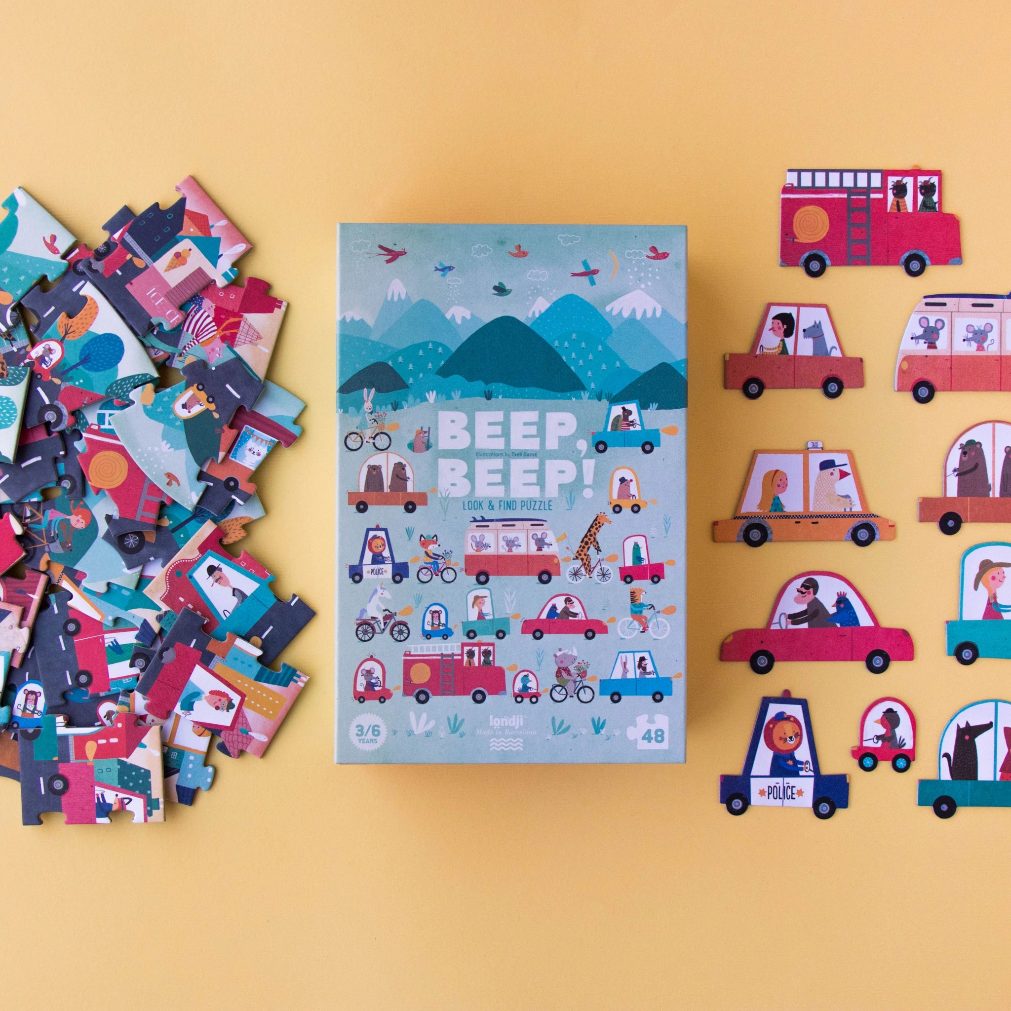 Puzzle & Suchspiel: Beep Beep, ein 48-teiliges Puzzle aus FSC-Papier und recyceltem Karton, zeigt Cartoon-Fahrzeuge und Tiere. Enthält Suchkarten für ein Spiel, geeignet für Kinder ab 3 Jahren.