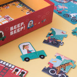 Puzzle & Suchspiel: Beep Beep, zeigt Puzzle-Teile mit Cartoon-Motiven, darunter ein Mädchen auf einem Fahrrad und eine Giraffe auf einem Fahrrad. Nachhaltig aus FSC-Papier gefertigt, ideal für Kinder ab 3 Jahren.