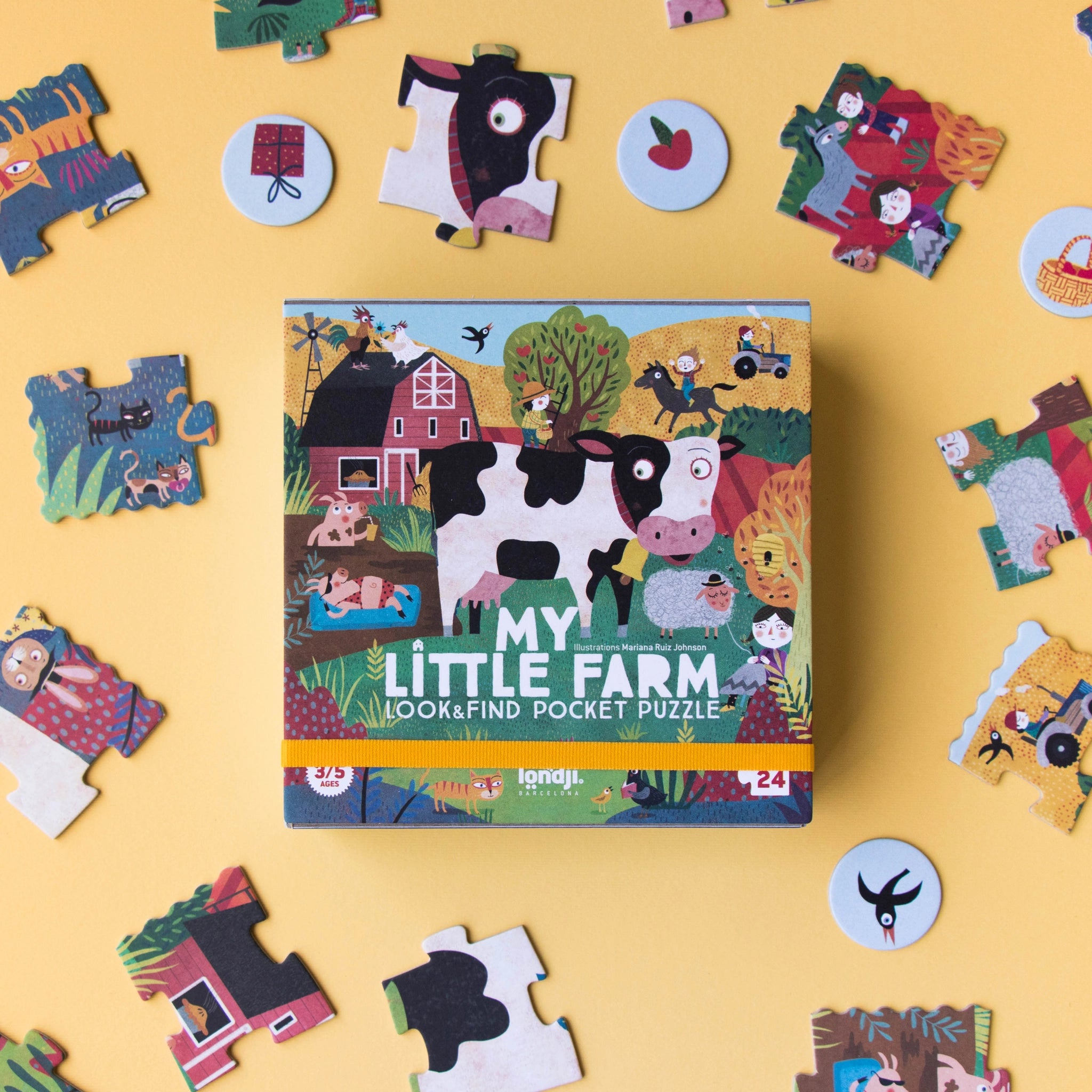 Taschenpuzzle: My little farm - 24-teiliges Puzzle mit Cartoon-Bauernhofmotiven, darunter Kühe und eine Scheune, aus FSC-Papier und recyceltem Karton, ideal für Kinder ab 3 Jahren.