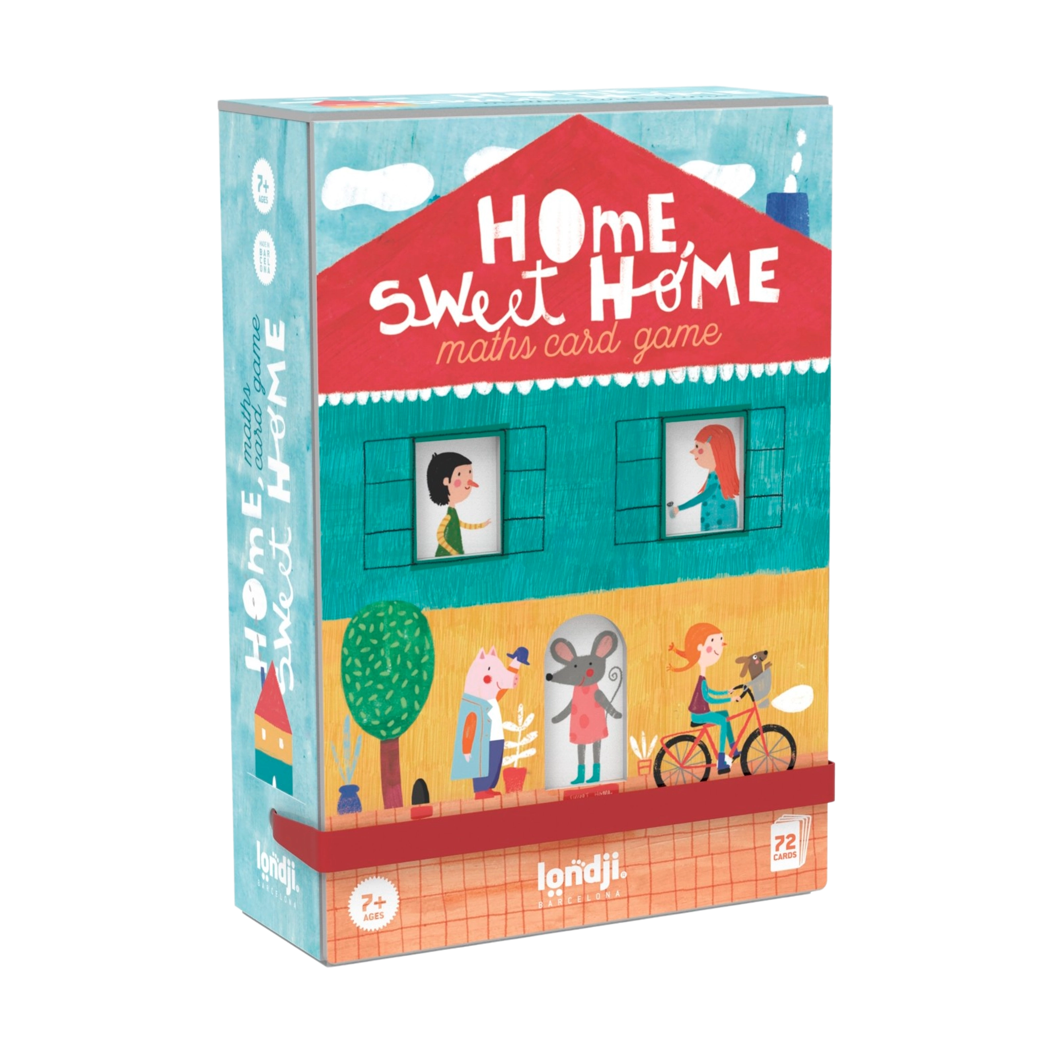 Lernspiel: Home Sweet Home, ein Kartenspiel in einer Box, zeigt Cartoon-Illustrationen von Kindern und Tieren. Es fördert strategisches Denken und Rechnen, geeignet für Kinder ab 7 Jahren.