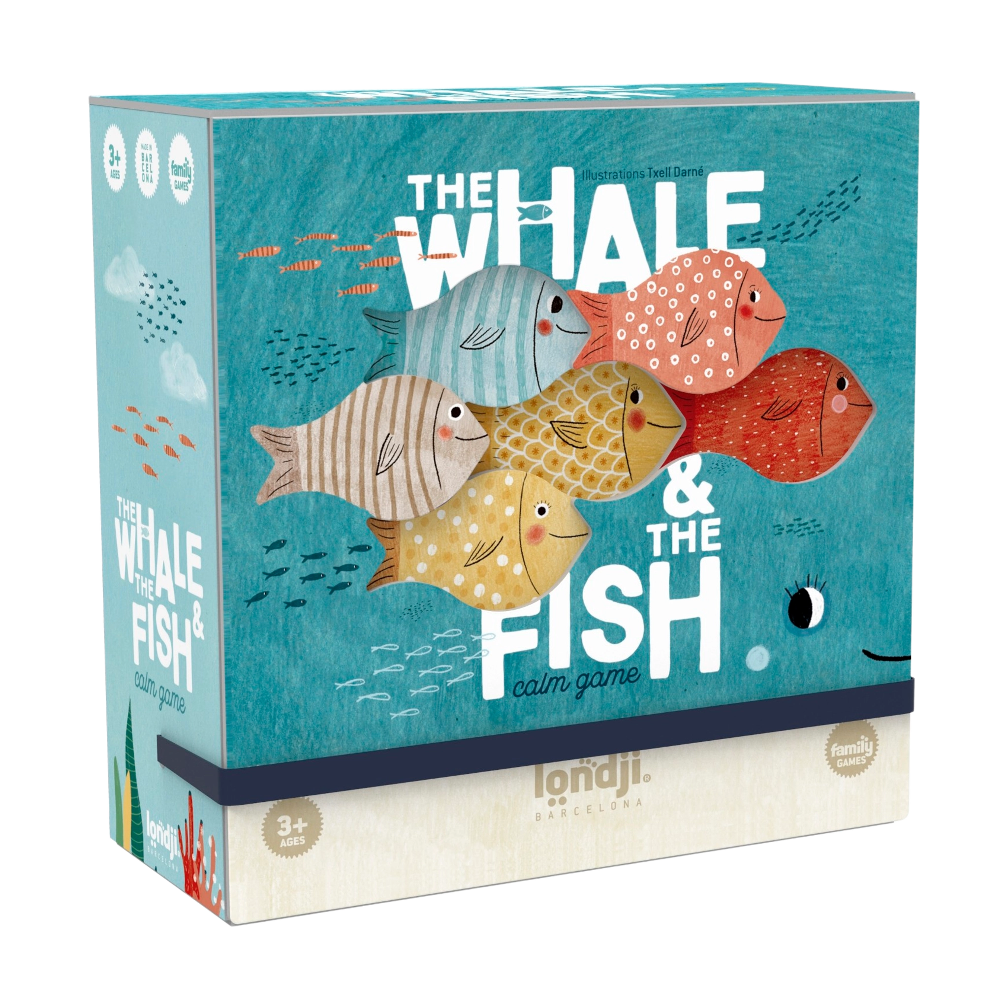 Freies Spiel: The whale and the fish - Ein kreatives Legespiel in einer Box mit Fischmotiven, gefertigt aus FSC-Papier und recyceltem Karton, fördert Fantasie und räumliche Orientierung.