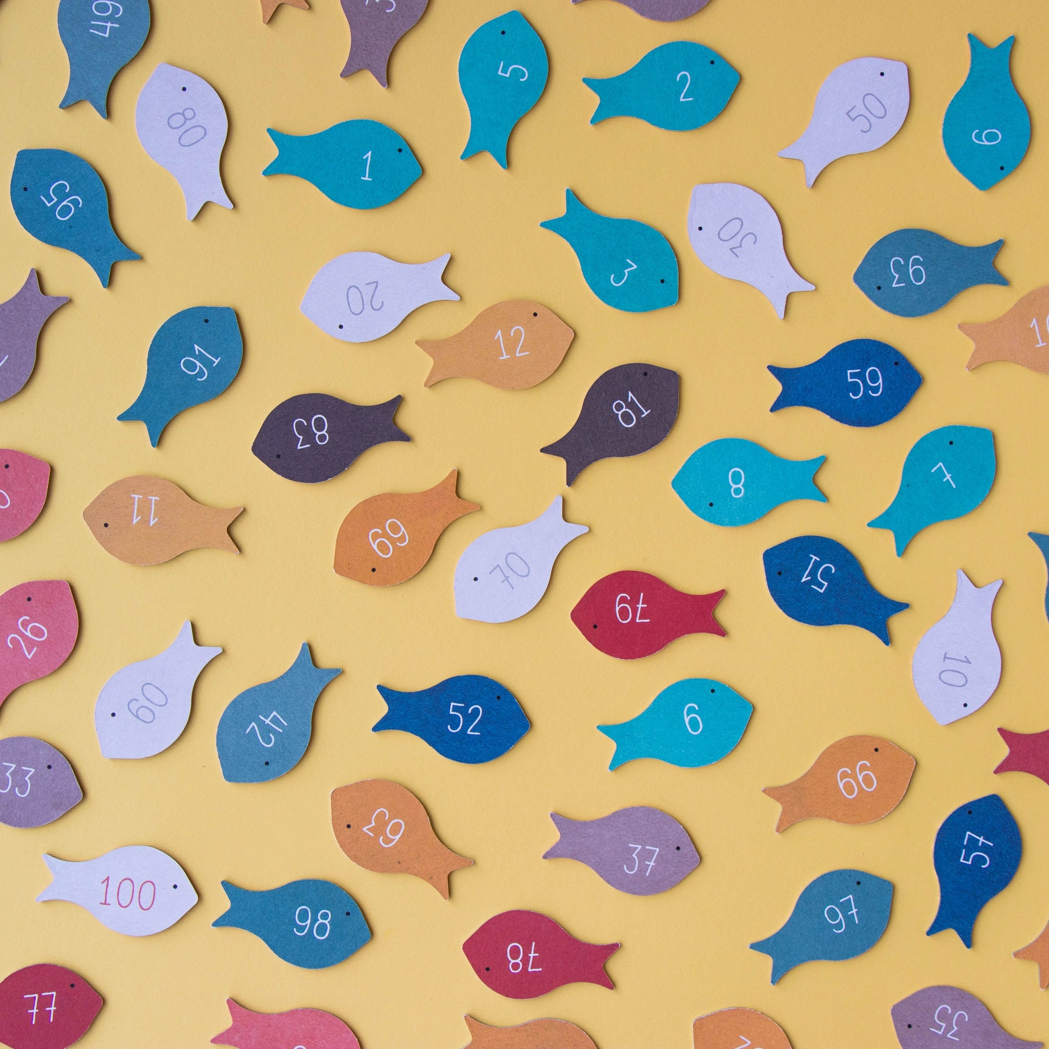 Freies Spiel: The whale and the fish – Ein kreatives Legespiel aus FSC-Papier und recyceltem Karton, bestehend aus nummerierten Fischformen, fördert Fantasie und Orientierung, geeignet für Kinder ab 3 Jahren.