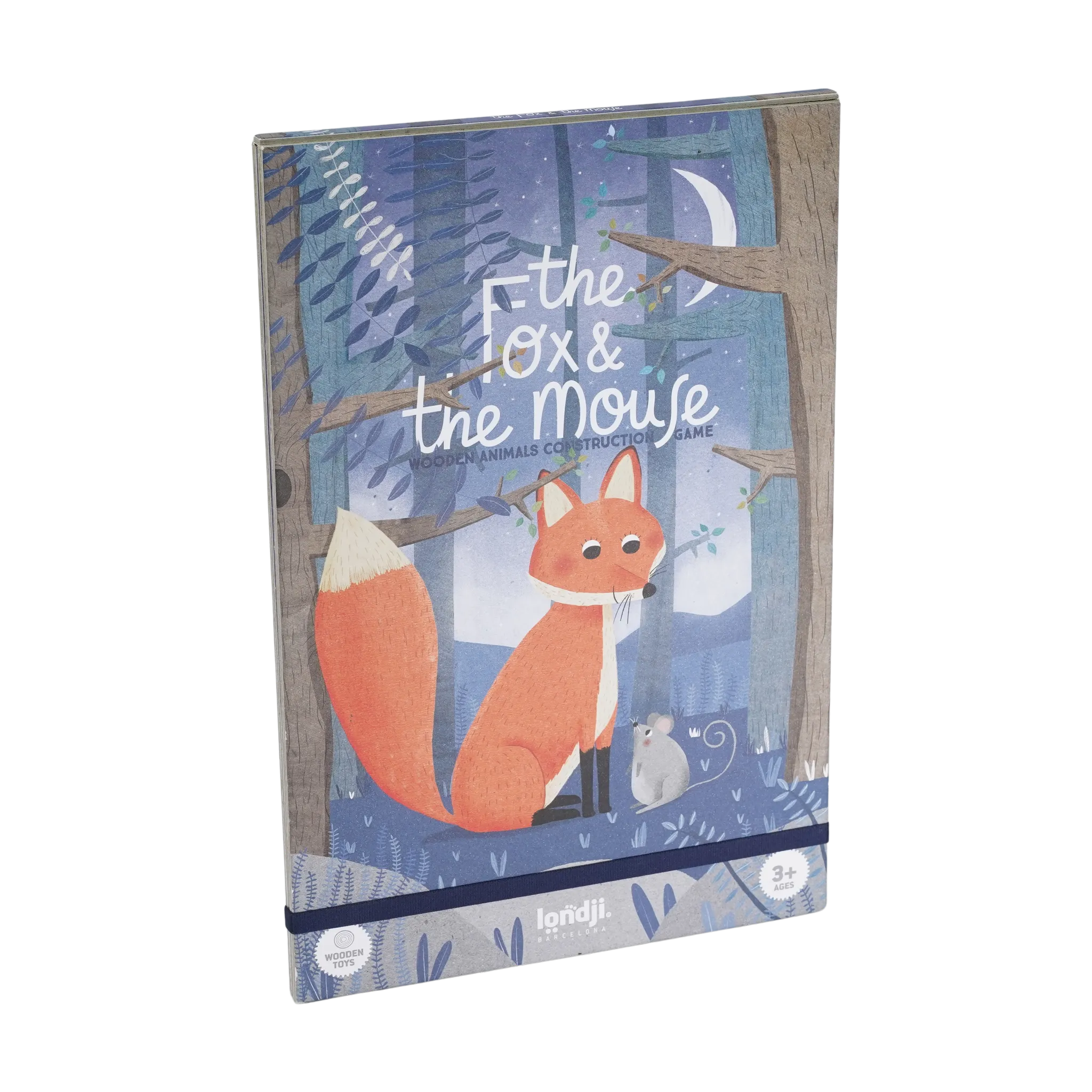 Freies Spiel: The fox and the mouse, ein kreatives Legespiel aus recyceltem Karton und Buchenholz, zeigt ein Buchcover mit Fuchs und Maus. Fördert Feinmotorik und Kreativität, geeignet ab 4 Jahren.