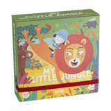 Taschenpuzzle: My little jungle, eine Box mit Cartoon eines Löwen und eines Mädchens, enthält 24-teiliges Puzzle und 16 Suchkarten. Nachhaltig produziert in Spanien, ideal für Kinder ab 3 Jahren.