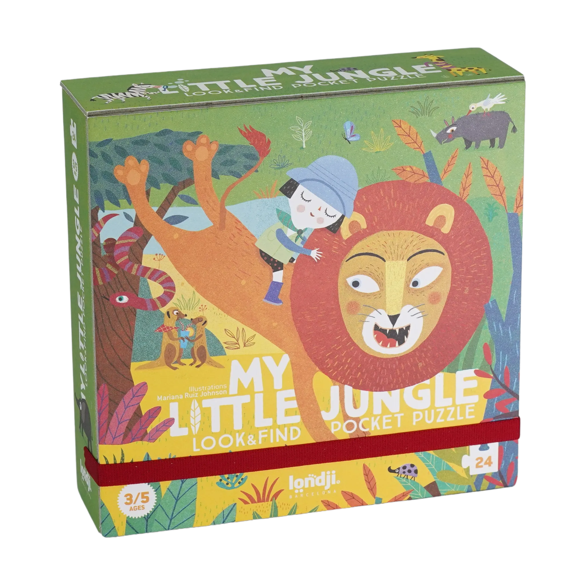 Taschenpuzzle: My little jungle, eine Box mit Cartoon eines Löwen und eines Mädchens, enthält 24-teiliges Puzzle und 16 Suchkarten. Nachhaltig produziert in Spanien, ideal für Kinder ab 3 Jahren.