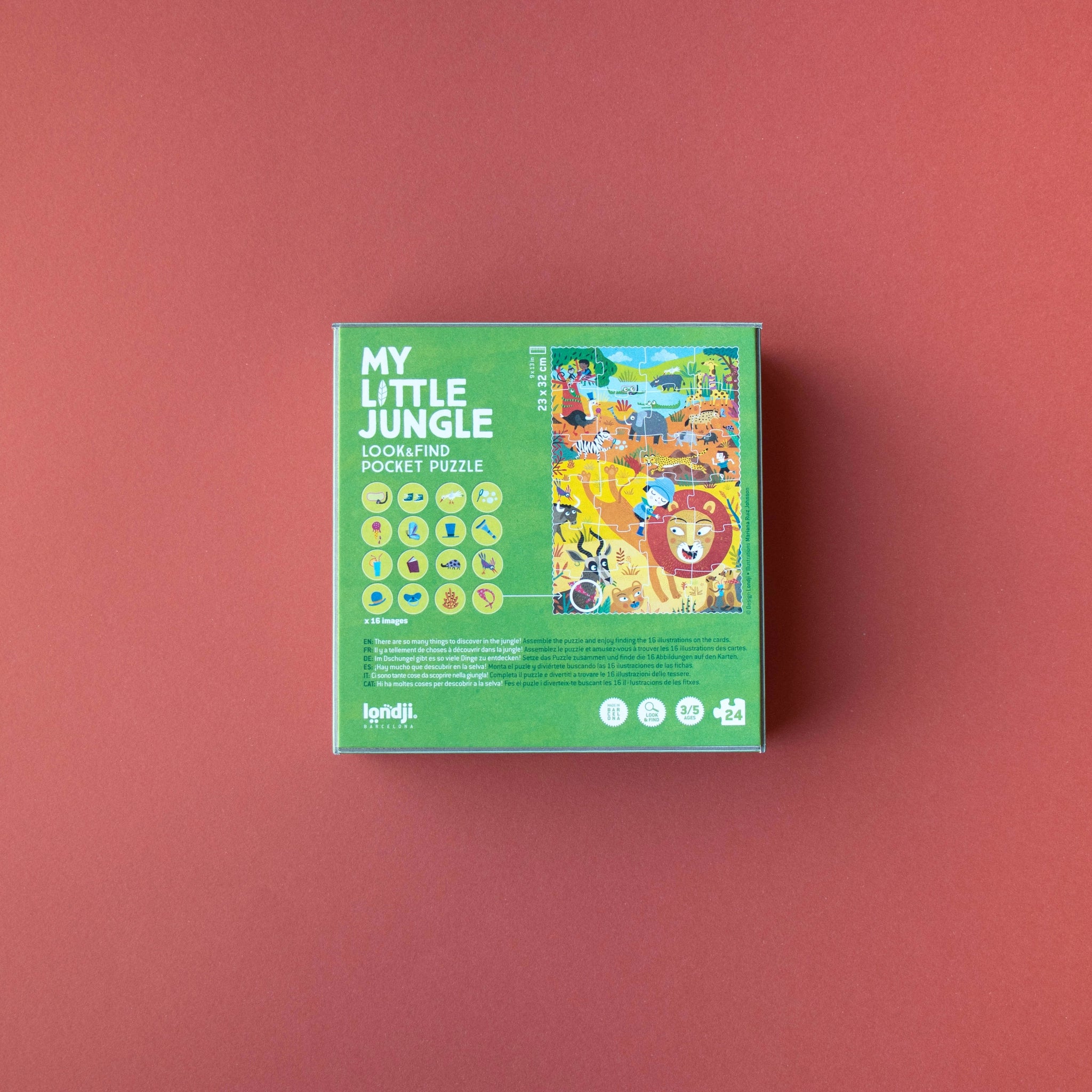 Taschenpuzzle: My little jungle – 24-teiliges Puzzle aus FSC-Papier mit Tiermotiven und 16 Suchkarten. Ideal für Kinder ab 3 Jahren, hergestellt in einer spanischen Manufaktur. Perfekt für unterwegs.