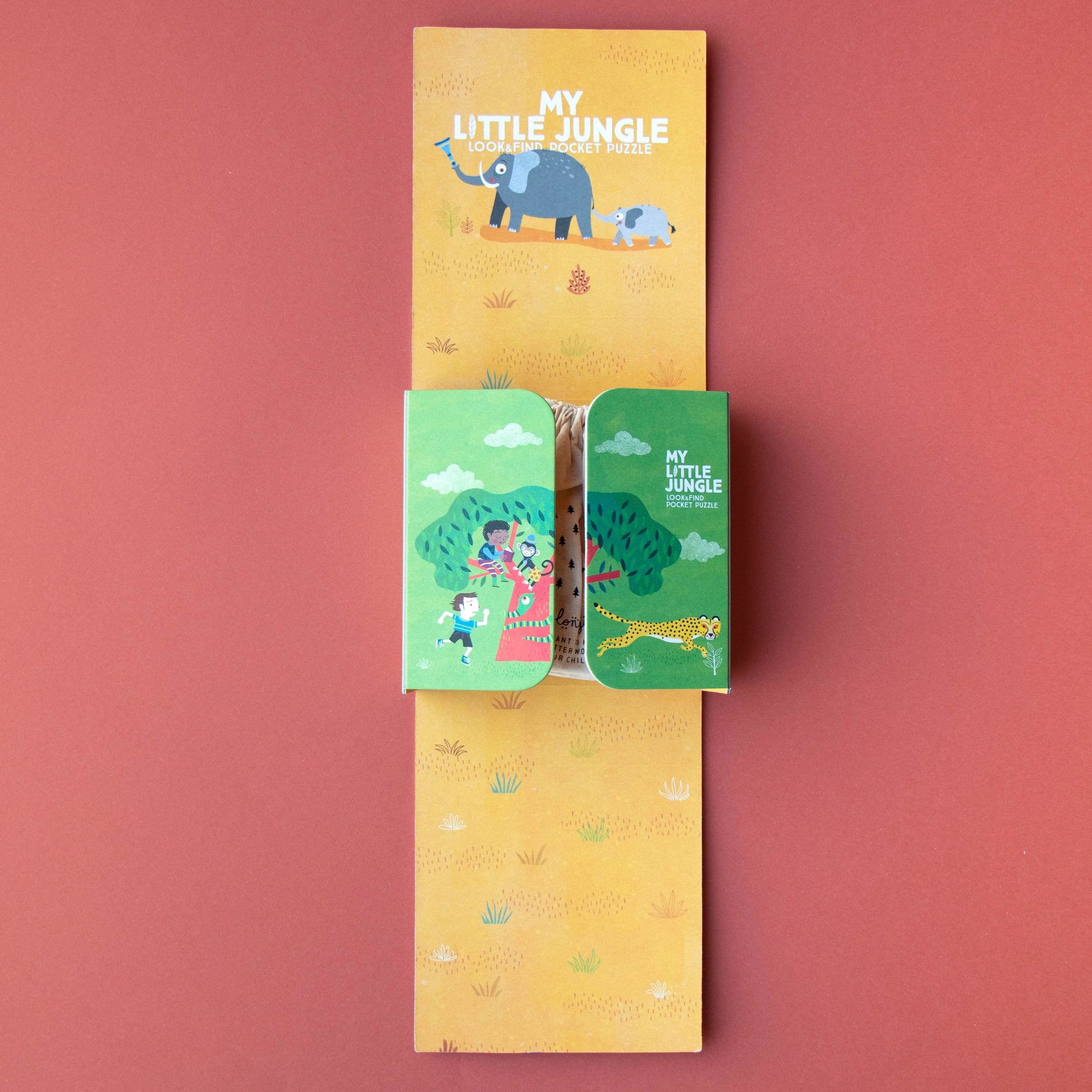 Taschenpuzzle: My little jungle mit 24 Teilen und 16 Suchkarten, zeigt Elefanten und kindgerechte Illustrationen. Ideal für unterwegs, aus FSC-Papier und recyceltem Karton, für Kinder ab 3 Jahren.