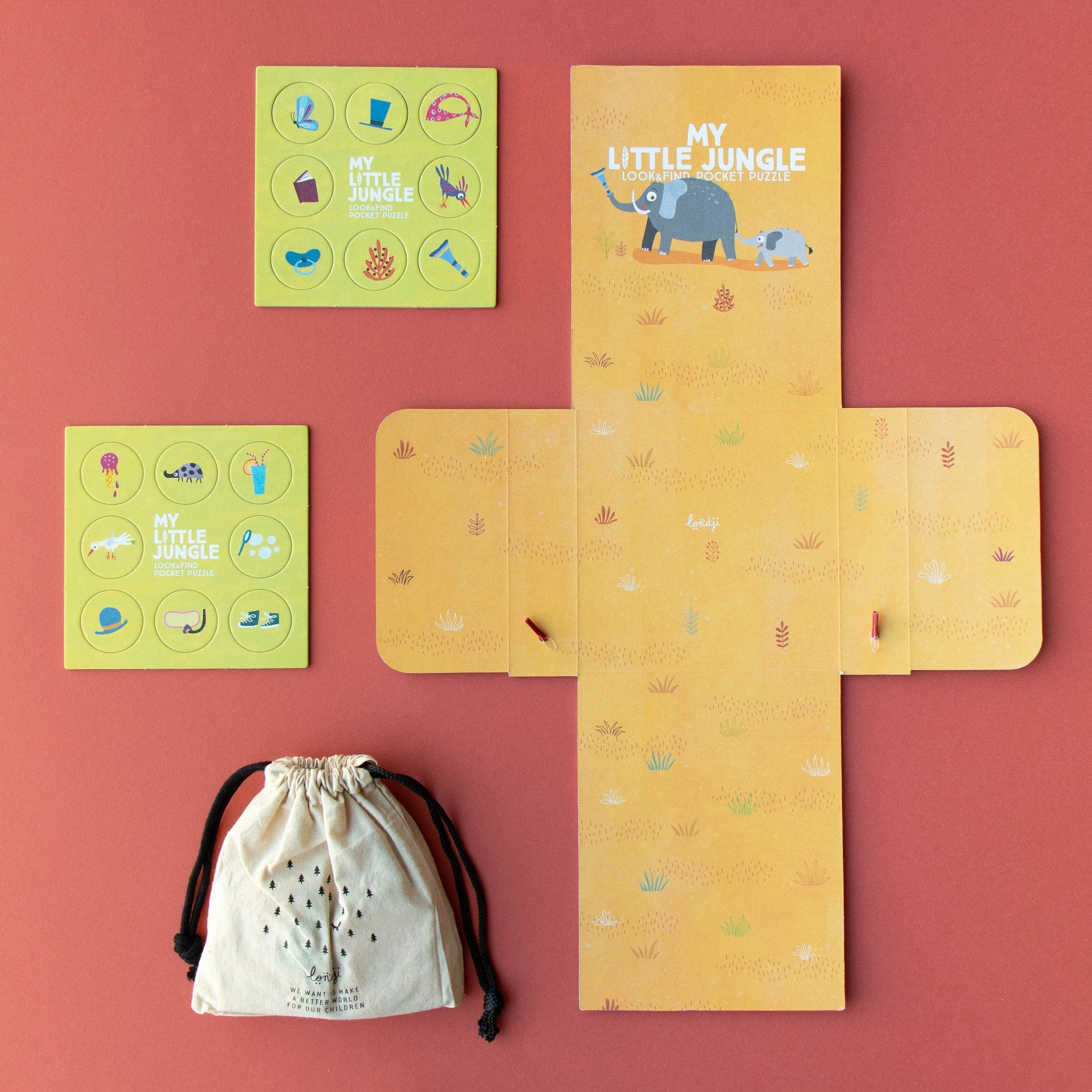 Taschenpuzzle: My little jungle – Ein kompaktes Puzzle-Set mit 24 Teilen und 16 Suchkarten, ideal für unterwegs. Enthält kindgerechte Tiermotive, hergestellt aus FSC-Papier und recyceltem Karton in Spanien.