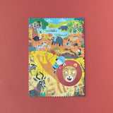 Taschenpuzzle: My little jungle, ein 24-teiliges Puzzle mit Tiermotiven, darunter ein Löwengesicht und ein Mädchen, ideal für Kinder ab 3 Jahren. Enthält 16 Suchkarten für ein Suchspiel.