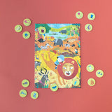 Taschenpuzzle: My little jungle, ein 24-teiliges Puzzle mit Tiermotiven und kleinen runden Knöpfen, inklusive 16 Suchkarten für ein Suchspiel. Ideal für Kinder ab 3 Jahren, nachhaltig in Spanien hergestellt.