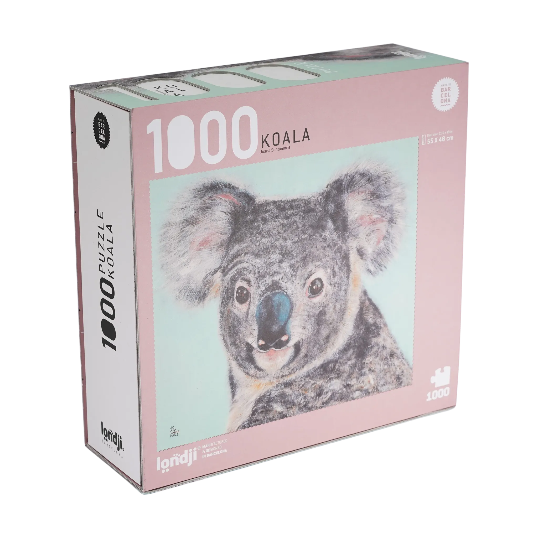 Puzzle: Koala, 1000-teilig, zeigt ein detailreiches Koala-Motiv, illustriert von Joana Santamans, verpackt in einer Box aus recyceltem Karton, ideal für ältere Kinder und Erwachsene. Nachhaltig hergestellt in Spanien.