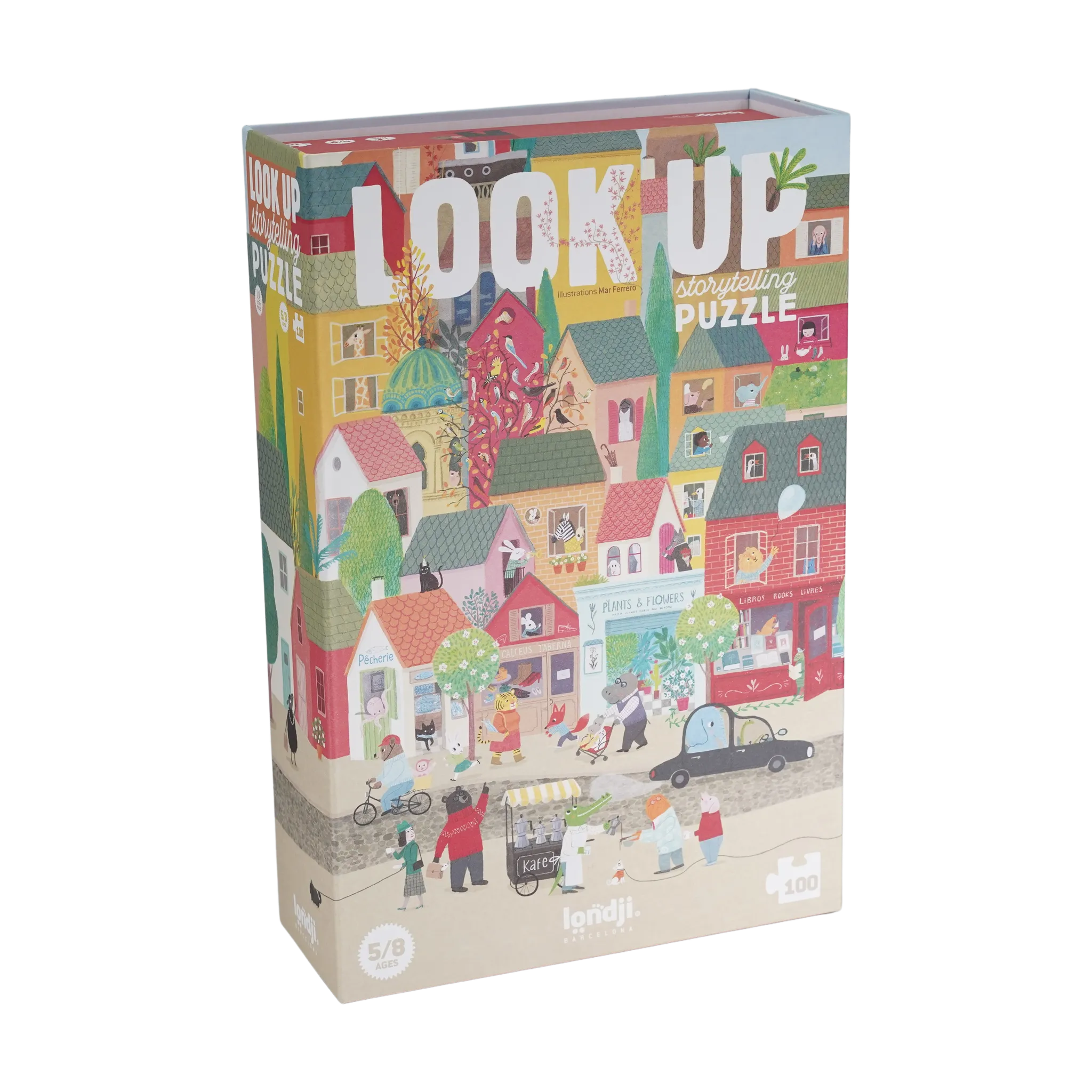 Puzzle & Erzählspiel: Look up, ein 100-teiliges Set mit Straßenszene und verschiedenen Cartoon-Elementen, ideal für kreative Geschichten und Beobachtung, geeignet für Kinder ab 5 Jahren, nachhaltig hergestellt in Spanien.