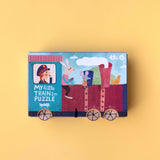 Puzzle: My little train – Zehn dreiteilige Puzzles in Zugwaggon-Form mit Cartoon-Zug und Figuren, aus FSC-Papier und recyceltem Karton, fördern spielerisch das Zahlenlernen für Kinder ab 2 Jahren.