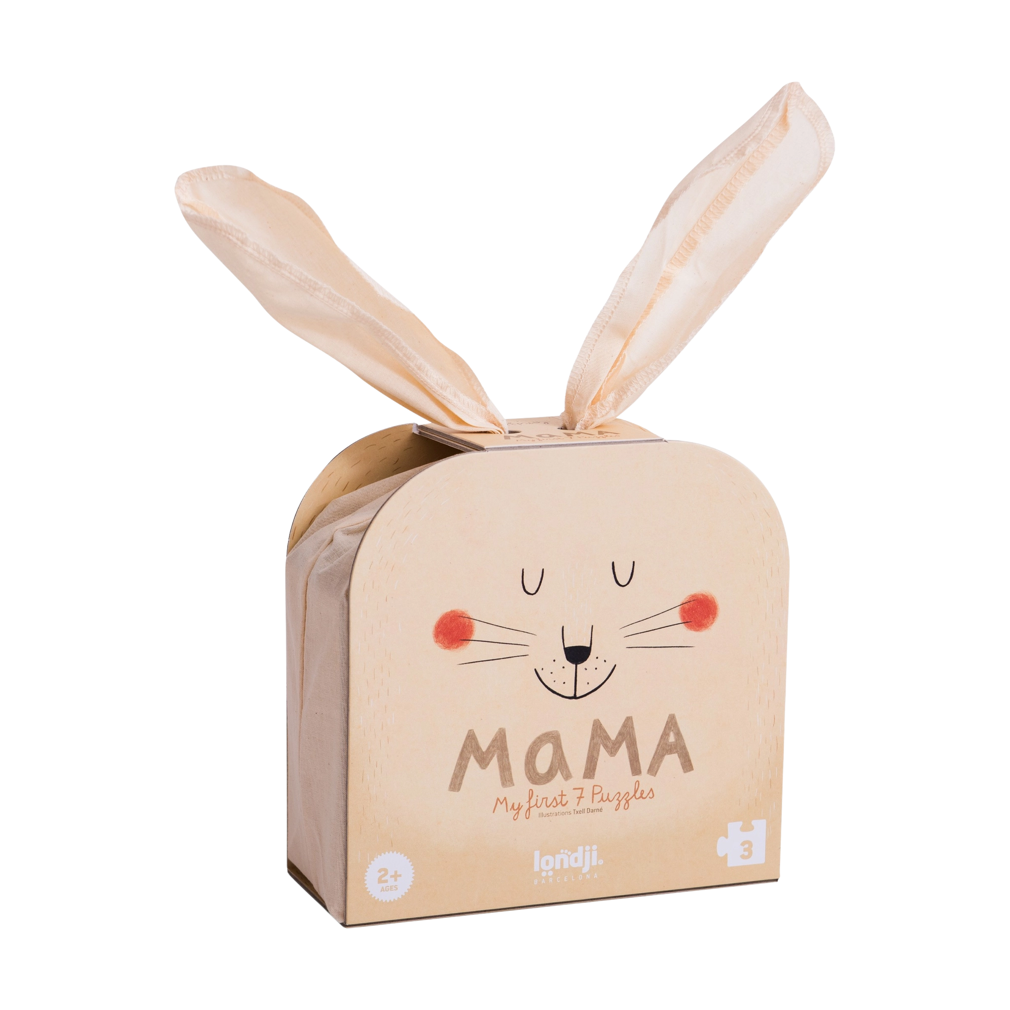 Puzzle: Mama, ein nachhaltiges Produkt von KLICKKLACK, zeigt sieben Tiermütter mit ihren Babys. Präsentiert in einer recycelten, ansprechenden Box mit Hasenohren-Design, ideal für Kinder ab zwei Jahren.