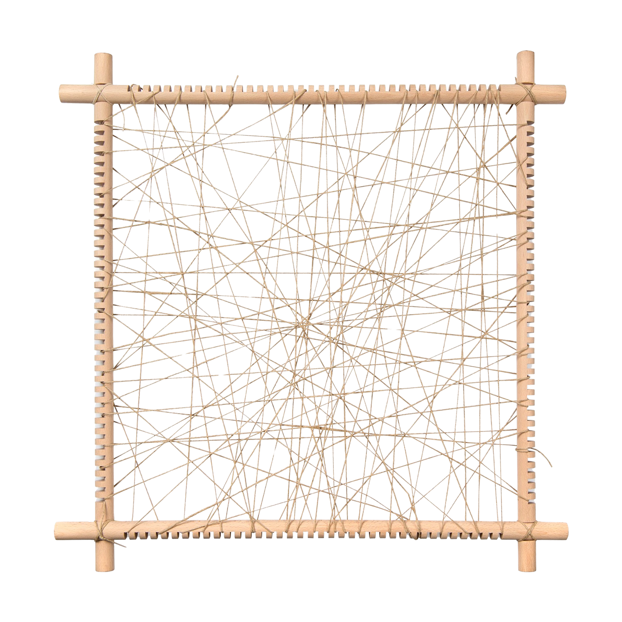 Freies Spiel: Frame aus nachhaltig geforstetem Holz, mit gespannten Fäden, ideal zum Weben und kreativen Spiel. Handgefertigt in Spanien, verkörpert er ästhetisches Design und fördert nachhaltige Kreativität für Kinder.