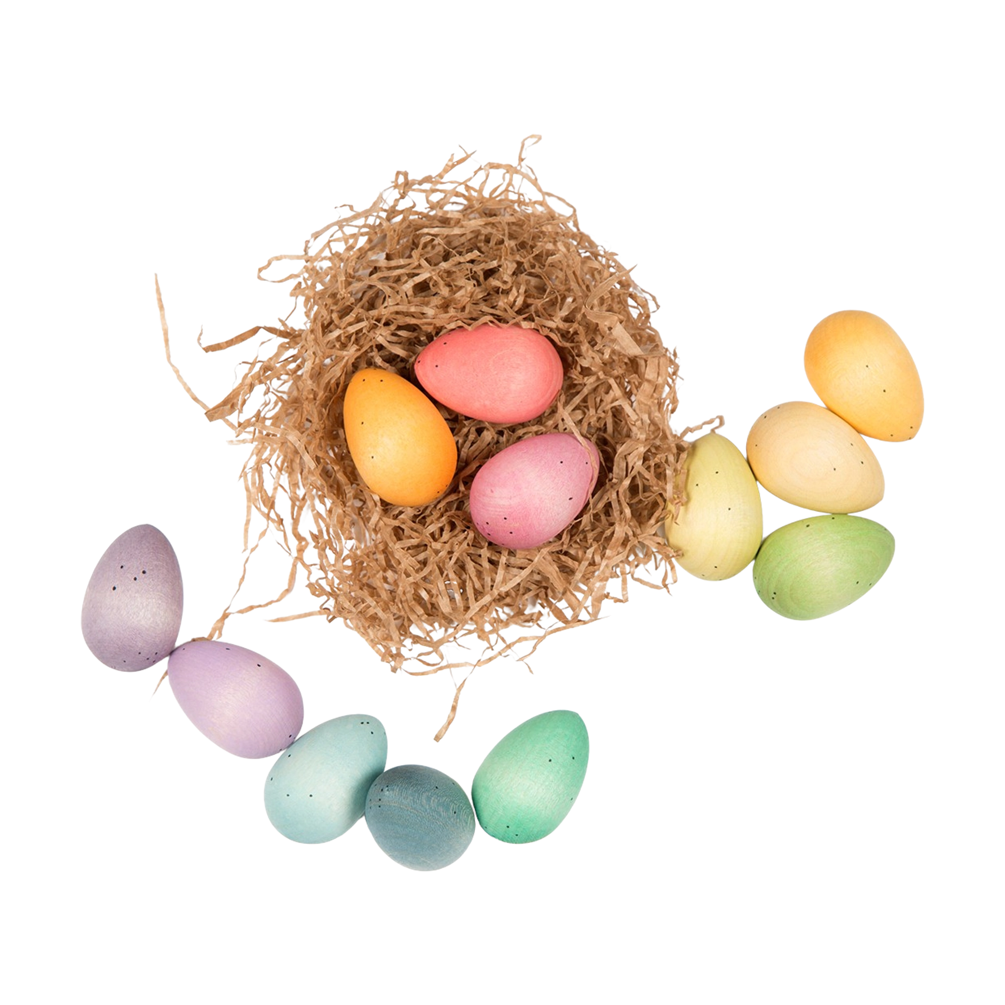 Freies Spiel: Happy Eggs, handgefertigte Holz-Eier in einem Nest, ideal für kreatives Spielen. Jedes der 12 bunten Eier ist in Spanien von Hand bemalt, nachhaltig und ästhetisch ansprechend.