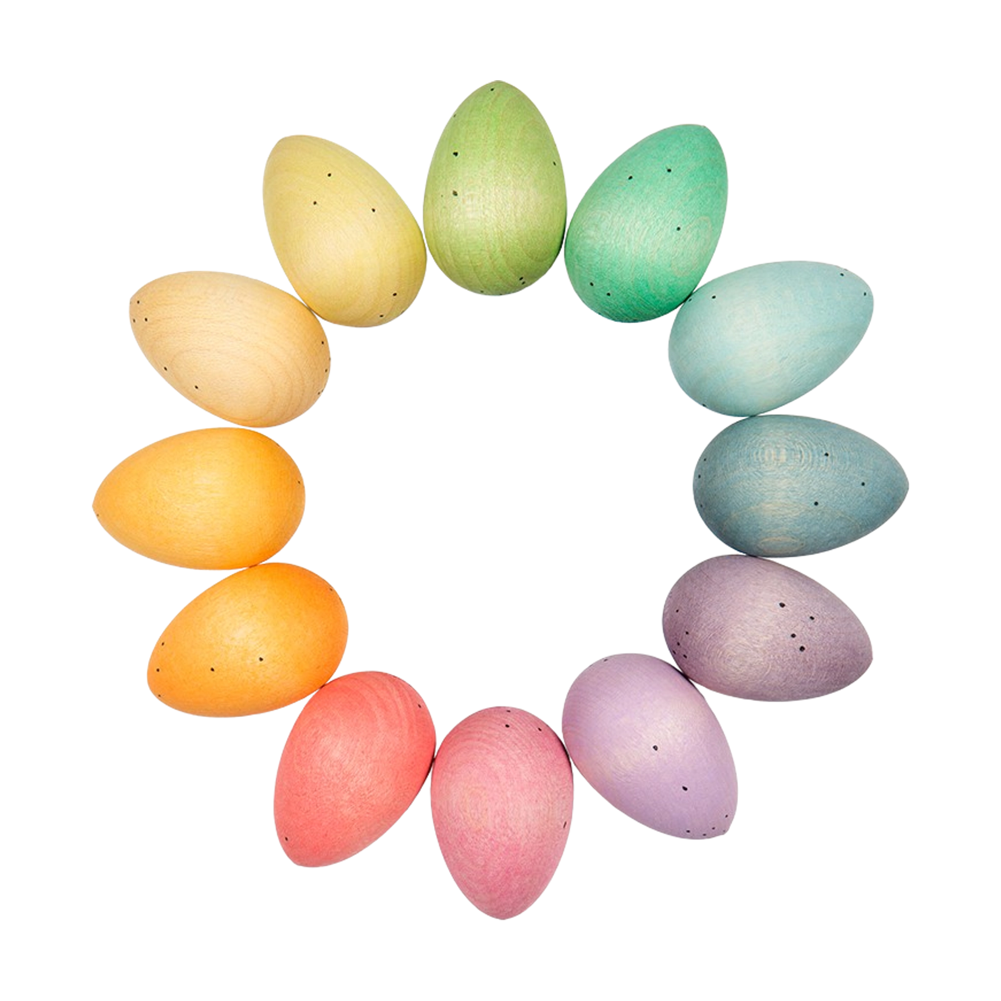 Freies Spiel: Happy Eggs, handgefertigte Holzeier mit handbemalten Punkten, ideal für kreatives Kinderfreispiel. Nachhaltig produziert in Spanien, bietet es ästhetischen und umweltfreundlichen Spielspaß.