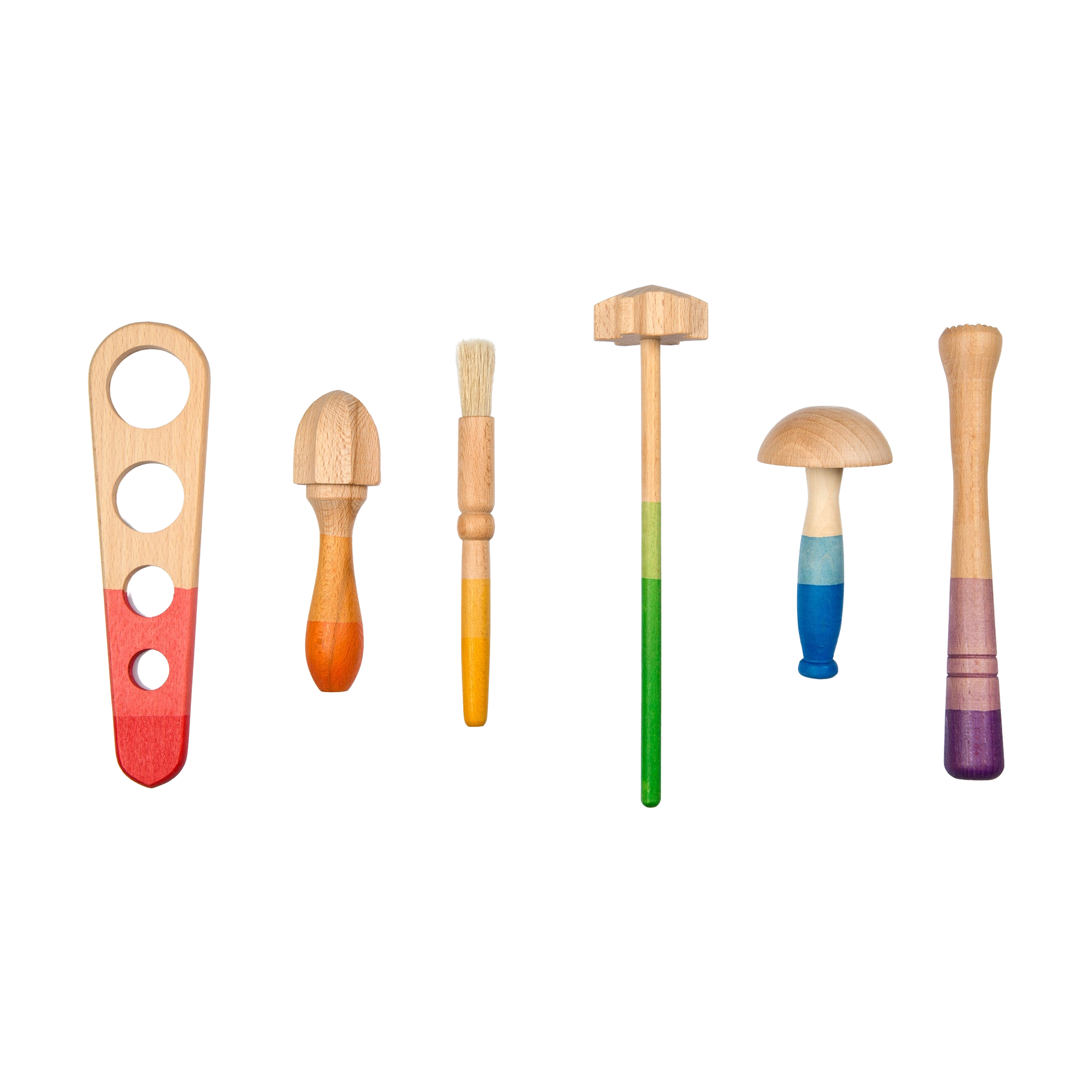 Freies Spiel: Tools - Handgefertigtes Set aus sechs nachhaltigen Holzspielzeugen, ideal für fantasievolles Spielen drinnen und draußen, von KLICKKLACK. Enthält verschiedene Formen wie Pilz- und Werkzeugdesigns.