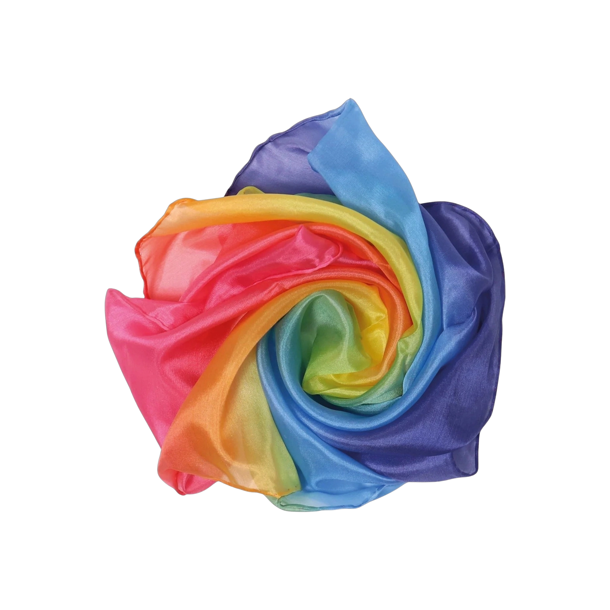 Freies Spiel: Kleine Spielseide Regenbogen, aus leichter, transparenter Seide, kunstvoll spiralförmig gefaltet. Diese handgefertigte Spielseide fördert kreative Spiele und Verkleidungen, ideal für fantasievolle Erlebnisse.