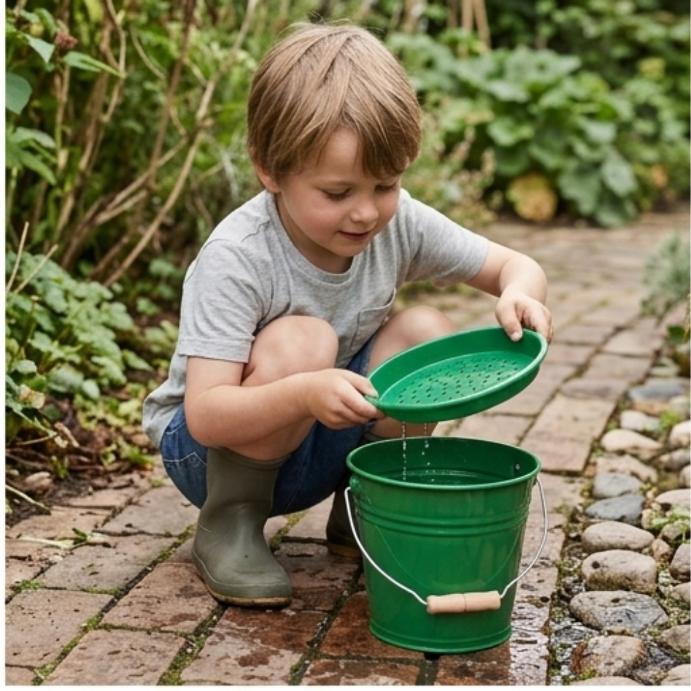 Kind spielt im Garten mit einem grünen Sandeimer aus pulverbeschichtetem Metall, der perfekt für kleine Hände ist. Ideal für Sandkasten, Strand und Garten, hergestellt in Deutschland.
