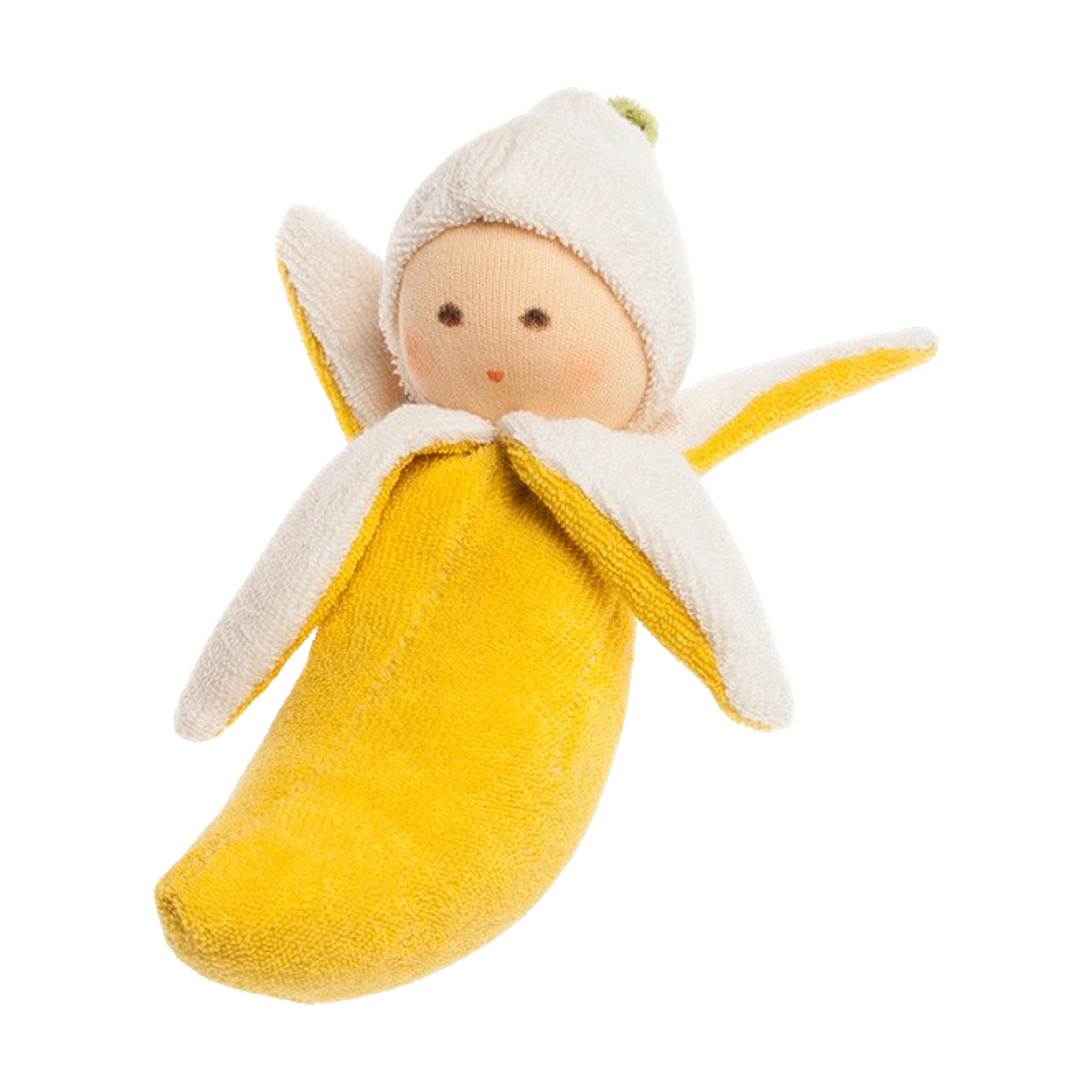 Greifling: Banane – Ein kleiner Plüschspielzeug, das in einem Bananenkostüm steckt. Die Schalen öffnen sich um ein niedliches Puppengesicht, als ob ein Baby aus der Banane hervorschaut.