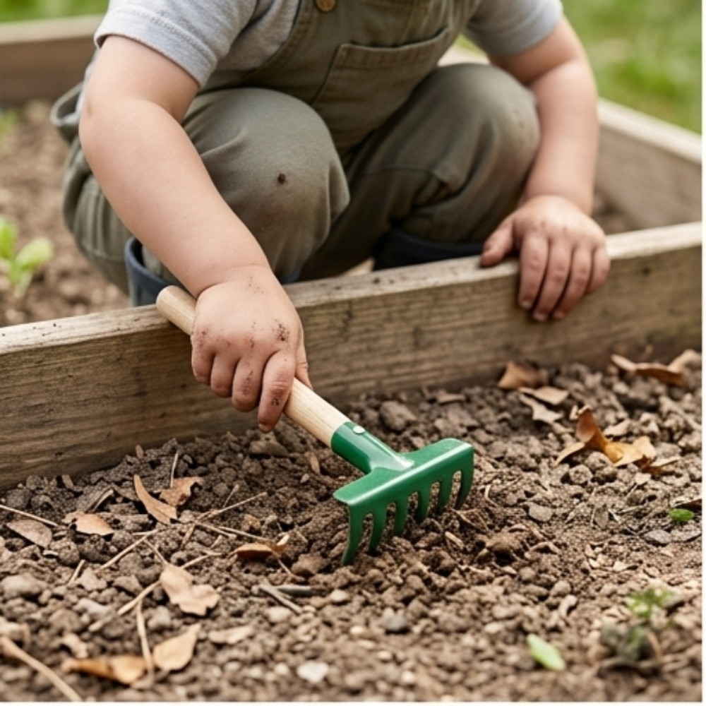Ein Kind kniet am Holzbeet und benutzt das Kindergartenset, das einen kleinen Handrechen mit grünem Metallkopf umfasst, um den Boden zu bearbeiten.