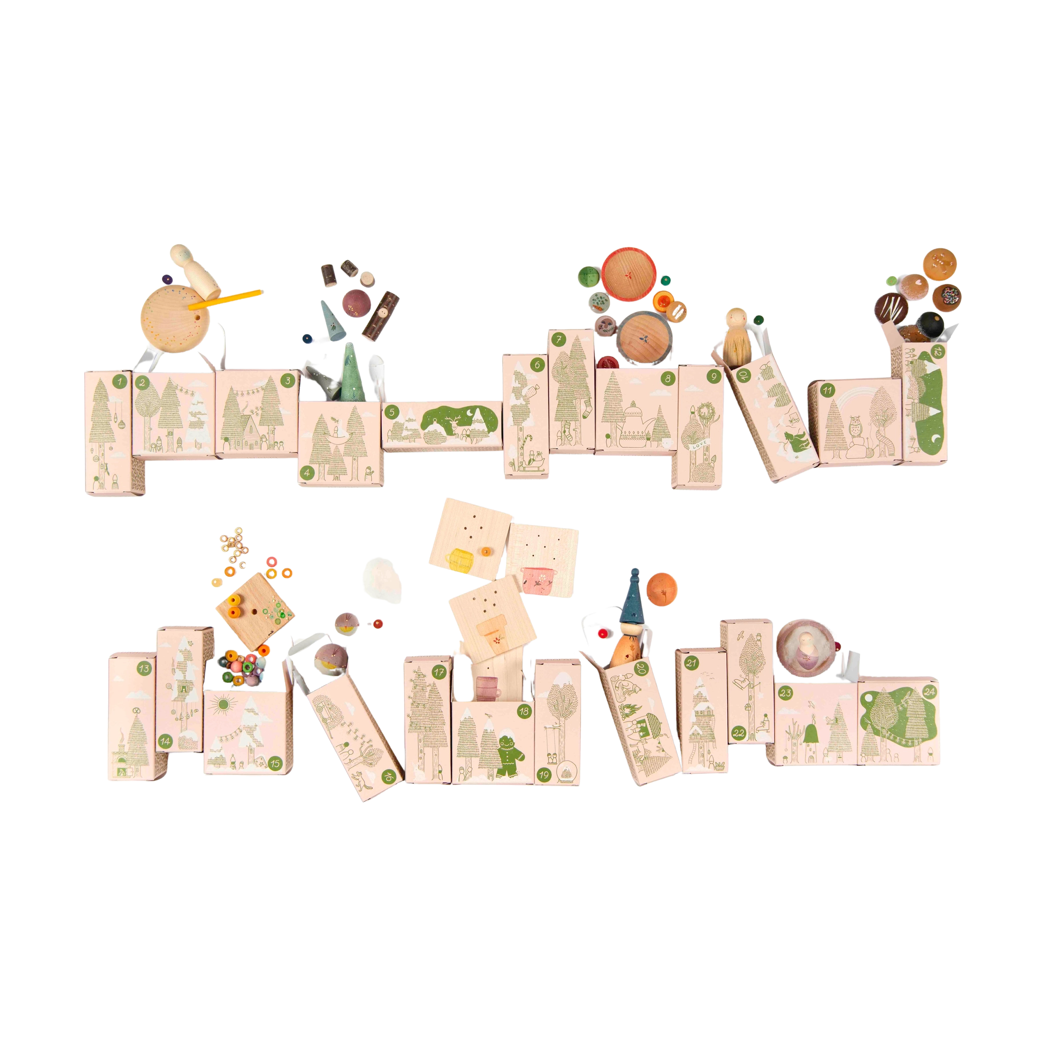 Freies Spiel: Adventkalender mit 24 nummerierten Schubladen, gefüllt mit Holzfiguren, Bastelmaterial und Werkzeugen, um tägliche Weihnachtsdekorationen zu basteln. Handgefertigt, fördert achtsames Spielen und kleine Rituale im Advent.