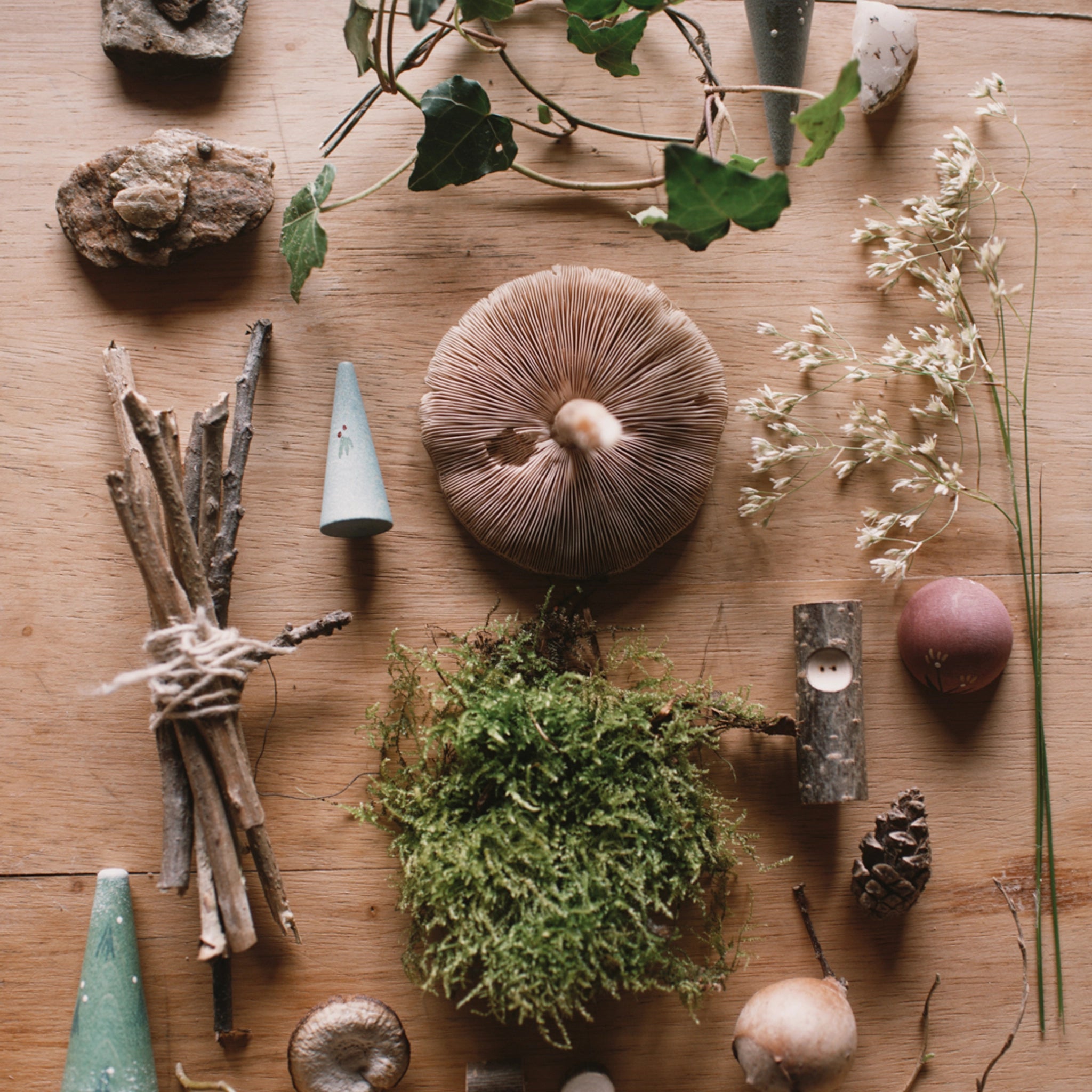 Freies Spiel: Adventkalender – Naturinspirierte Stillleben-Komposition mit Steinen, Moos, Pilzen und handgefertigten Elementen, die Achtsamkeit und kleine Rituale im Advent fördern. Nachhaltig gestaltet für modernes, bewusstes Spielen.