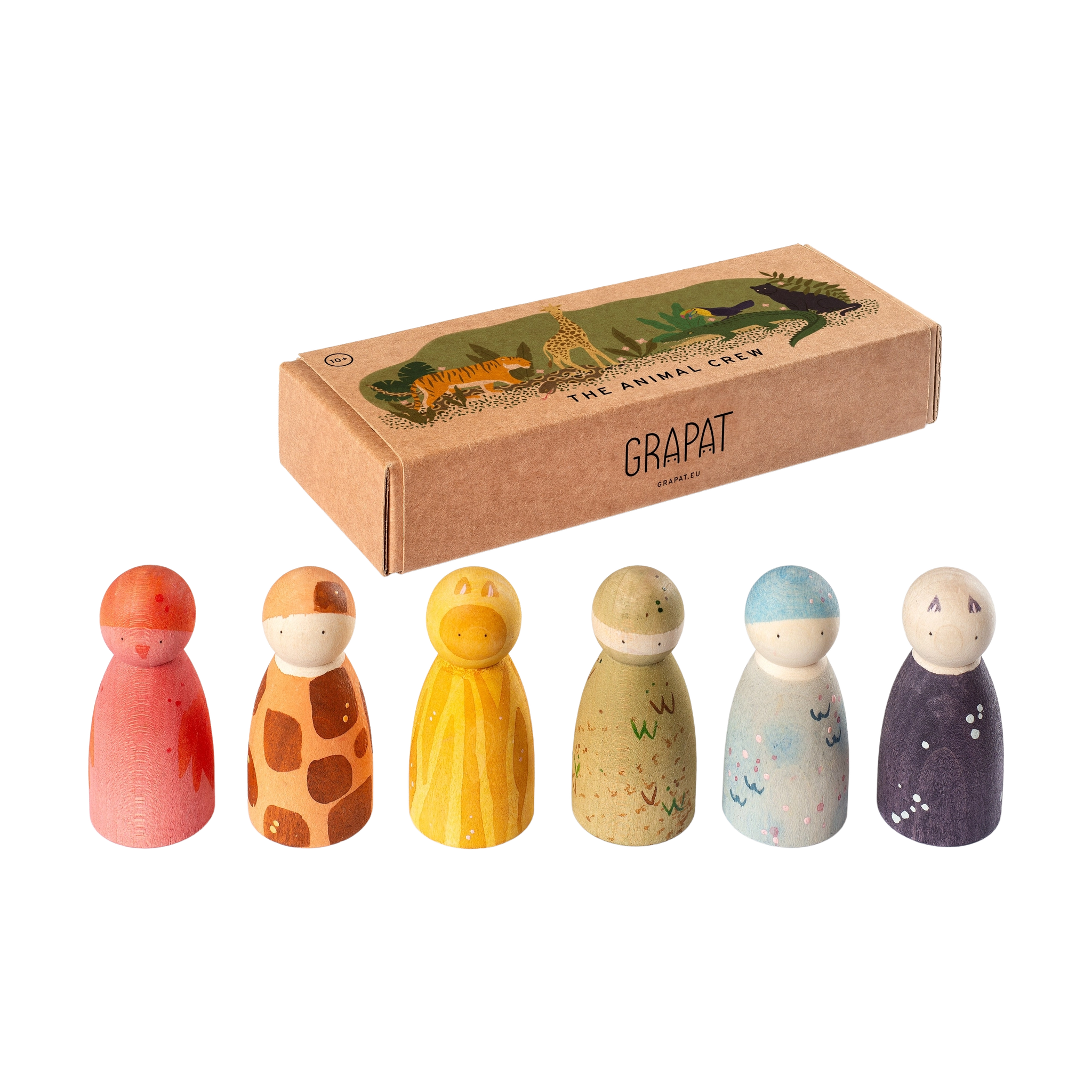 Freies Spiel: Animal Crew von Grapat – Sechs handbemalte Holzfiguren in Tiergestalt im umweltfreundlichen Karton mit Dschungelszene, ideal für nachhaltiges Spielen und kreative Entfaltung.