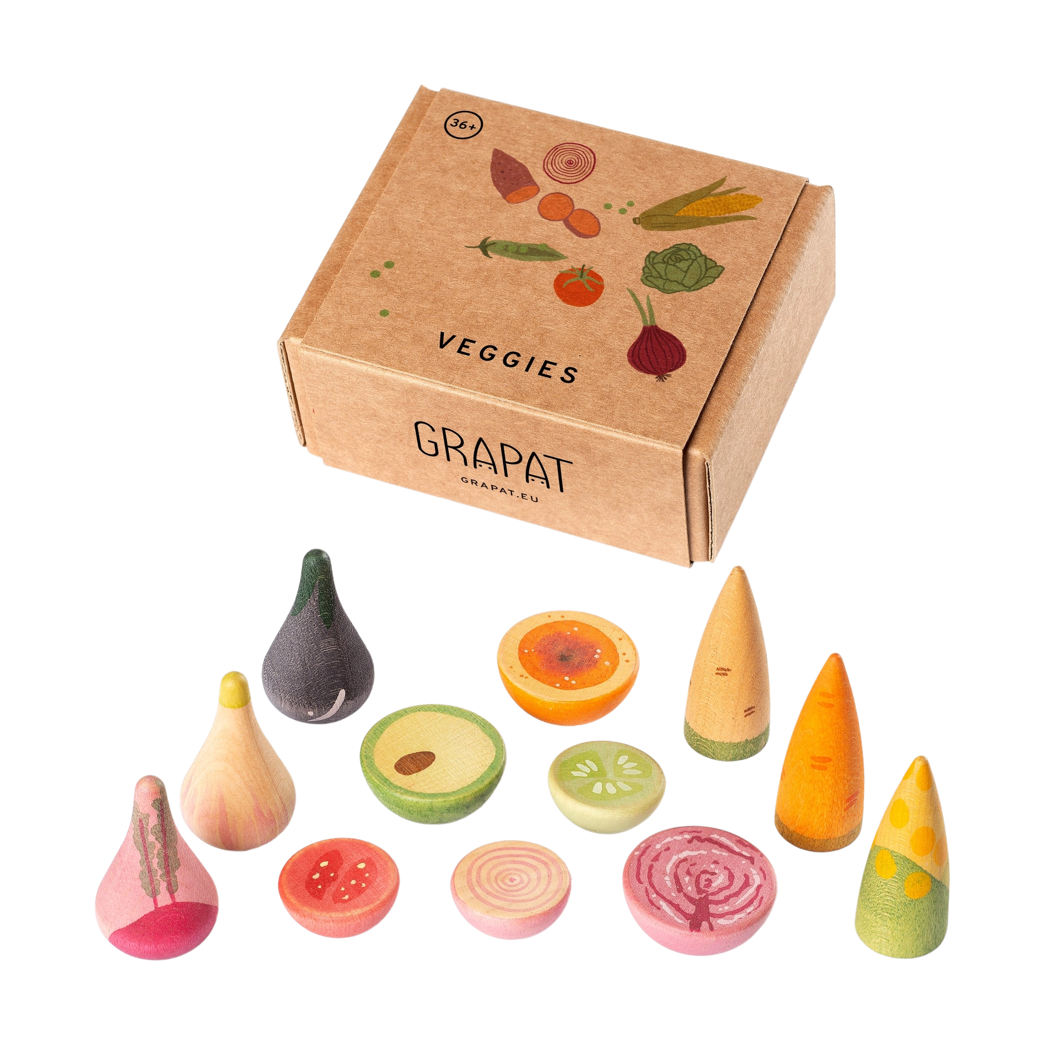 Freies Spiel: Veggies von Grapat zeigt eine kleine Schachtel mit der Aufschrift VEGGIES und farbenfrohe Holzspielzeuge in Gemüseformen, ideal für kreatives, sensorisches Spielen, perfekt abgestimmt auf KLICKKLACKs nachhaltige, ästhetische Produktpalette.