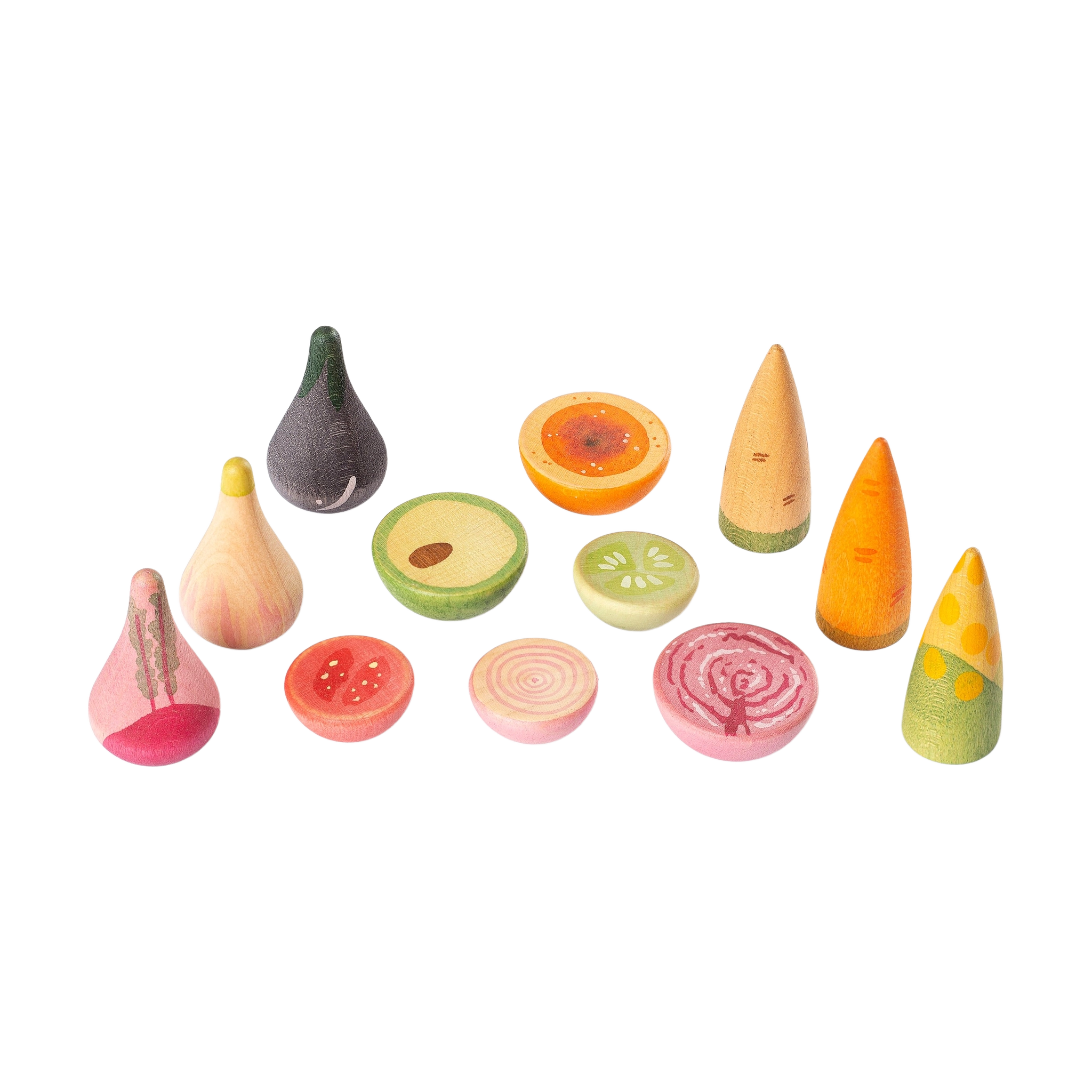 Freies Spiel: Veggies, eine Sammlung aus handbemalten Holzstücken, die halbierte Früchte und Gemüse wie Feigen, Avocados, Kürbisse und Tomaten darstellen, ideal für Montessori-Spielküchen bei KLICKKLACK.