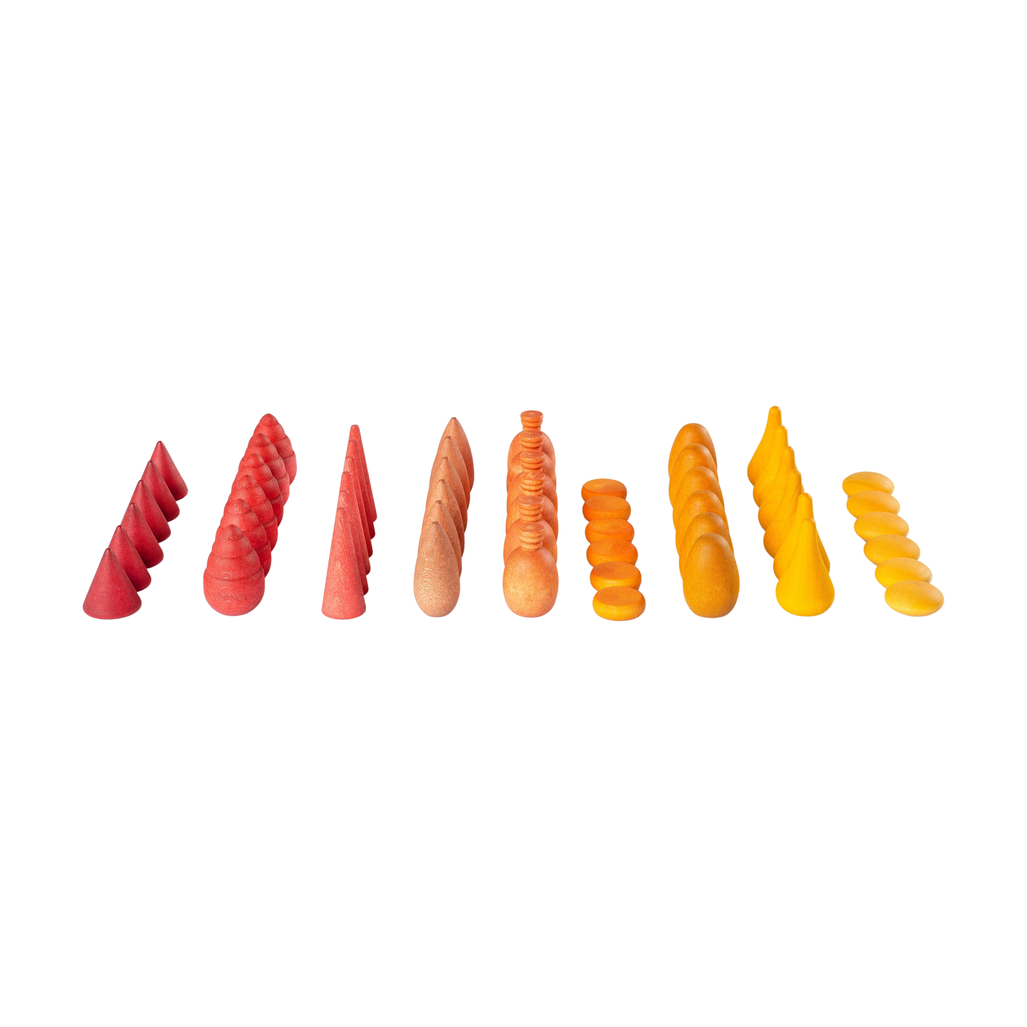 Freies Spiel: Warm Mandala Mix zeigt zehn fingerförmige Objekte in warmen Farben und variierenden Texturen, die von tiefem Rot bis zu leuchtendem Gelb reichen, perfekt für kreative und nachhaltige Gestaltungsideen.