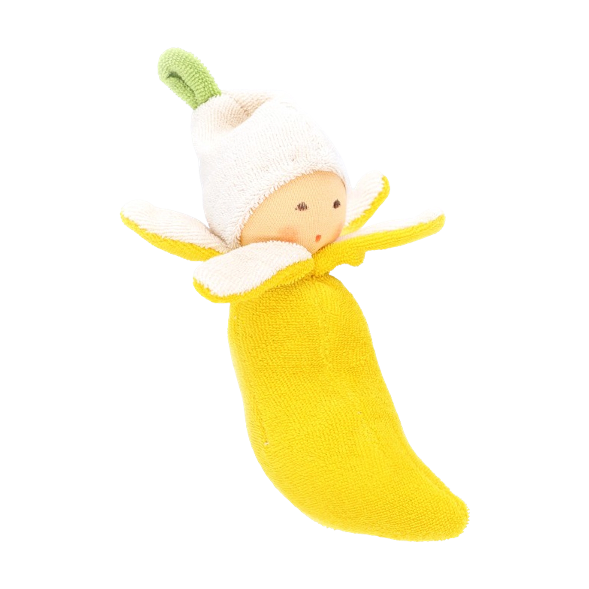 Greifling: Banane – Ein weiches Spielzeug in Form einer Banane, dessen gelbe Schale einen entzückenden Puppenkopf enthüllt, der die innere Schale als Hut trägt. Ideal für nachhaltige Freude von KLICKKLACK.