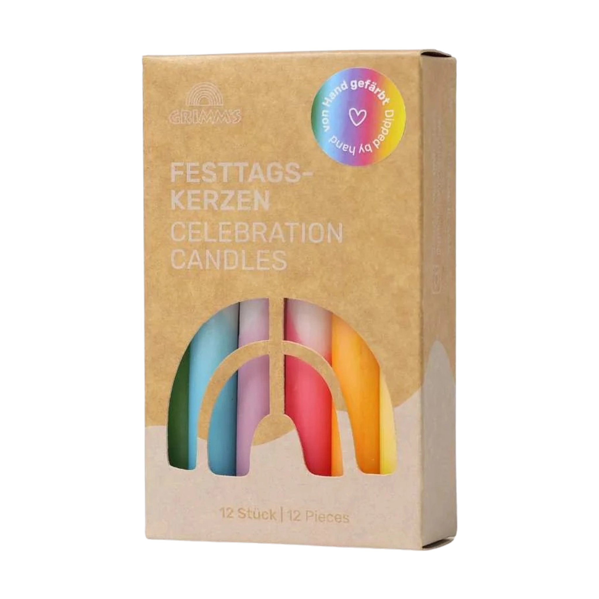 Steckfigur: Dip-Dye Regenbogen Festtags-Kerzen in bunter Verpackung mit Fenster, zeigt 12 handgetauchte Kerzen aus 10% Bienenwachs, ideal für festliche Tischdekoration, nachhaltig in Deutschland gefertigt.