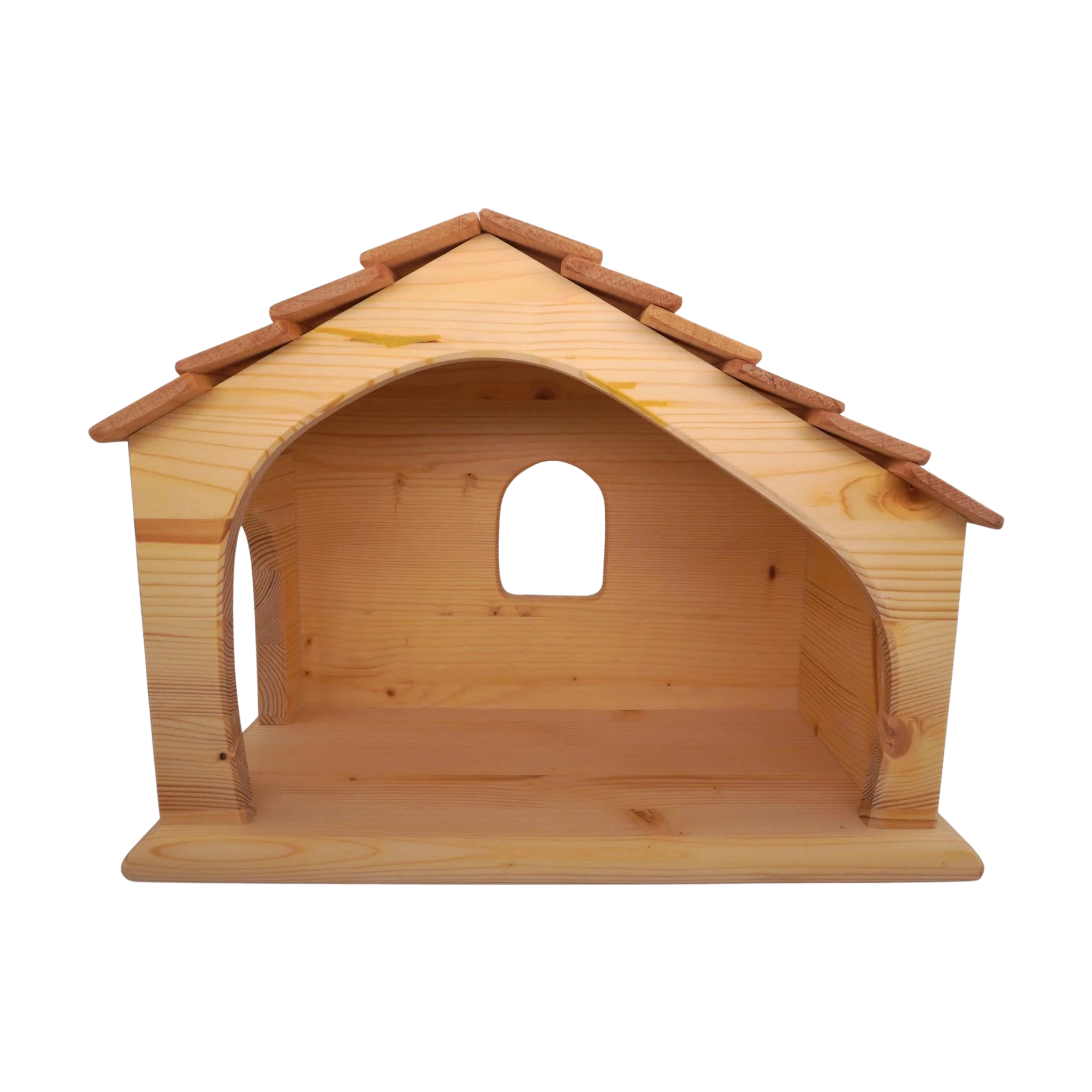 Krippe aus massivem Fichtenholz mit Leinöl veredelt, offenes Frontdesign mit Schindeldach, Seitentür und rückseitigem Fenster. Ideal als Dekoration von KLICKKLACK, betont nachhaltige, regionale Handwerkskunst.