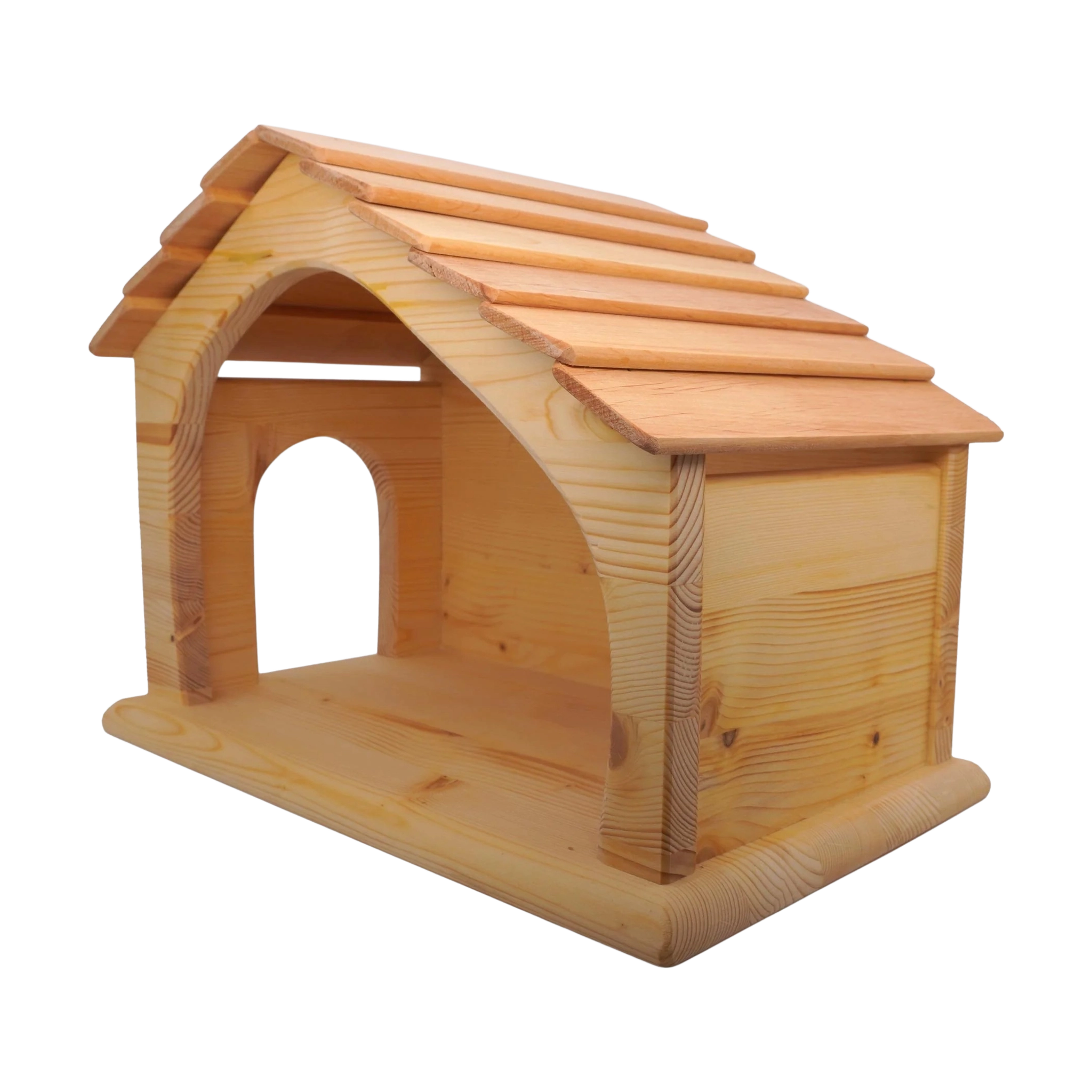 Krippe aus massivem Fichtenholz mit Leinöl veredelt, zeigt ein offenes, hausähnliches Design mit Schindeldach, Seitentür und Fenster. Ideal als stilvolle Krippe oder Stall, handgefertigt in Deutschland.
