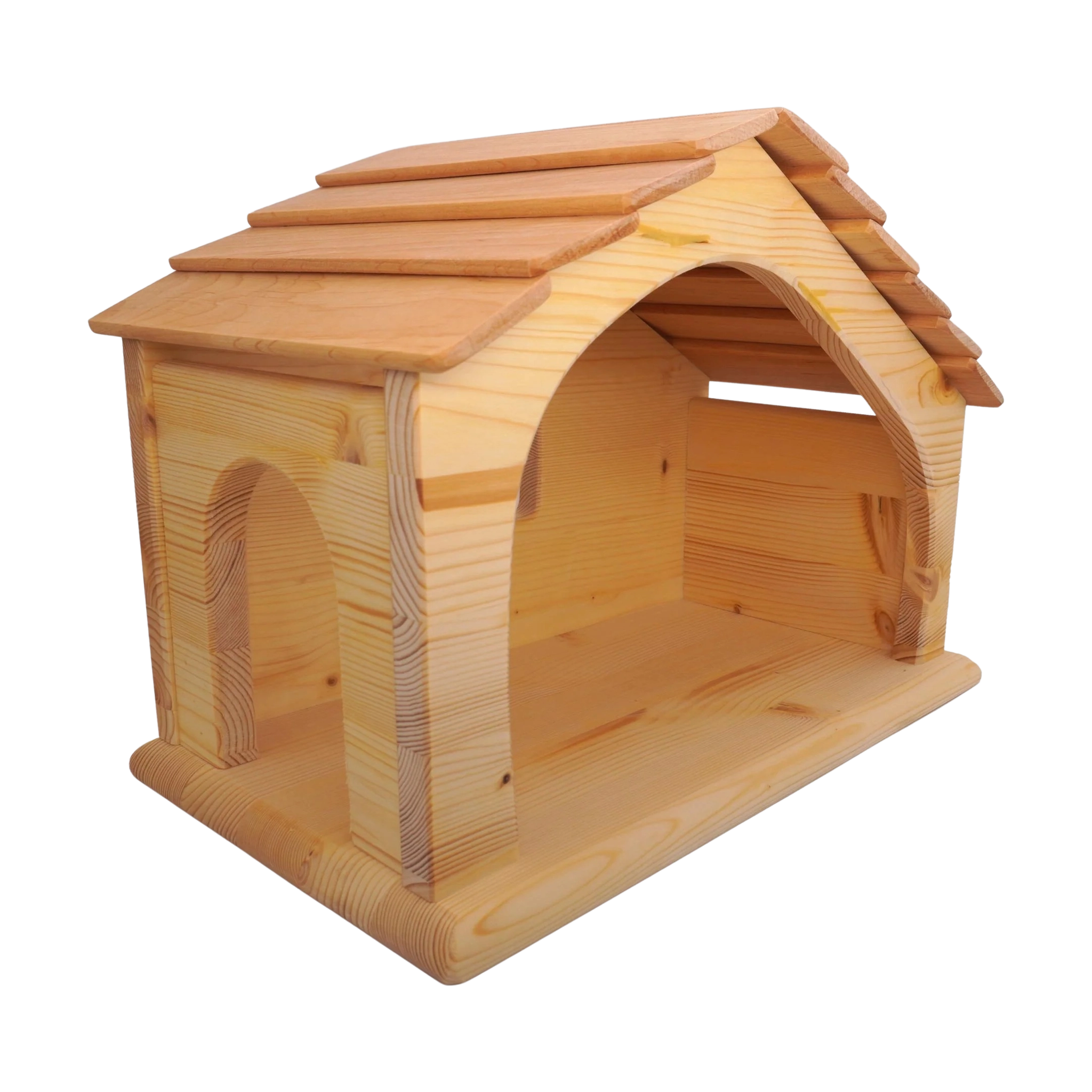 Krippe aus massivem Fichtenholz mit Leinölfinish, zeigt ein minimalistisches Design mit schrägem Dach, offener Front, Seitentür und rückseitigem Fenster, ideal als Krippe oder Stall für kleine Tiere.