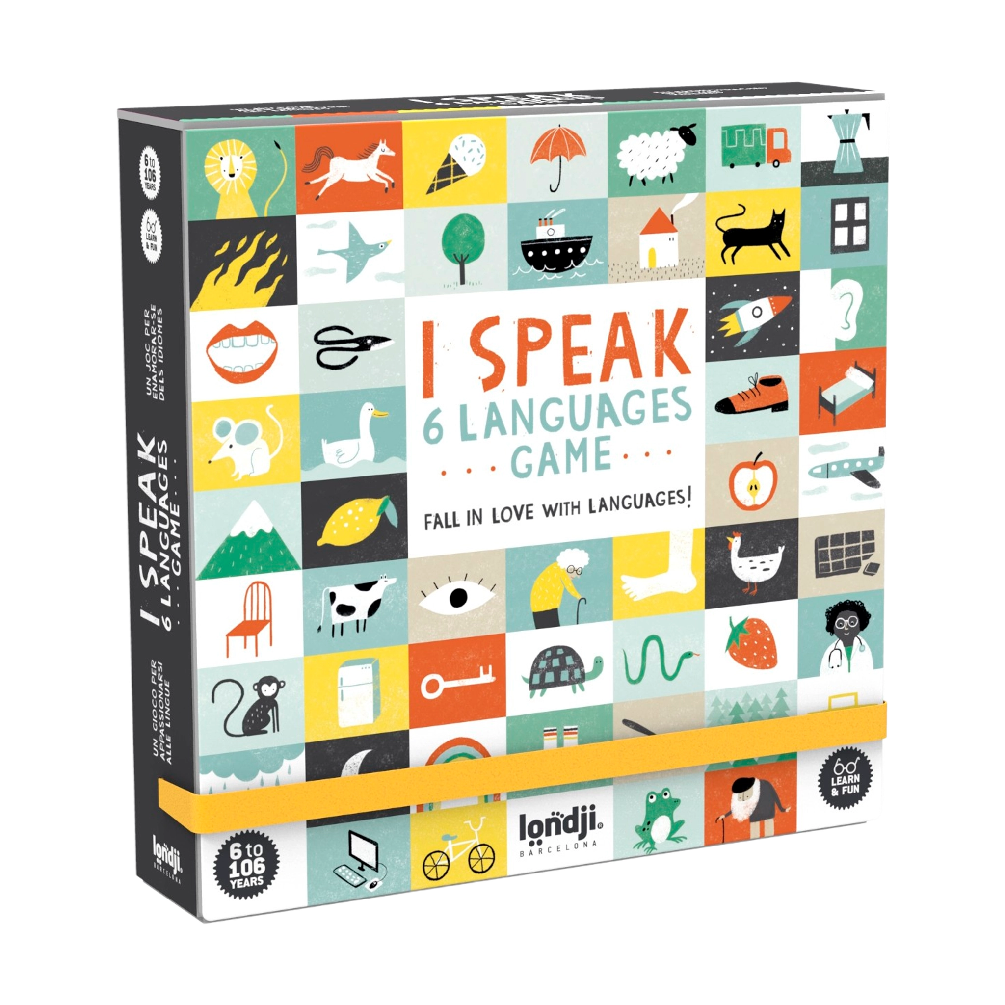 Lernspiel: I speak 6 languages – Eine bunte Schachtel mit Zeichnungen von Tieren, Alltagsgegenständen und Lebensmitteln. Geeignet für 6 bis 106 Jahre, verspricht 60× lernen & Spaß. Perfekt für Sprachliebhaber.