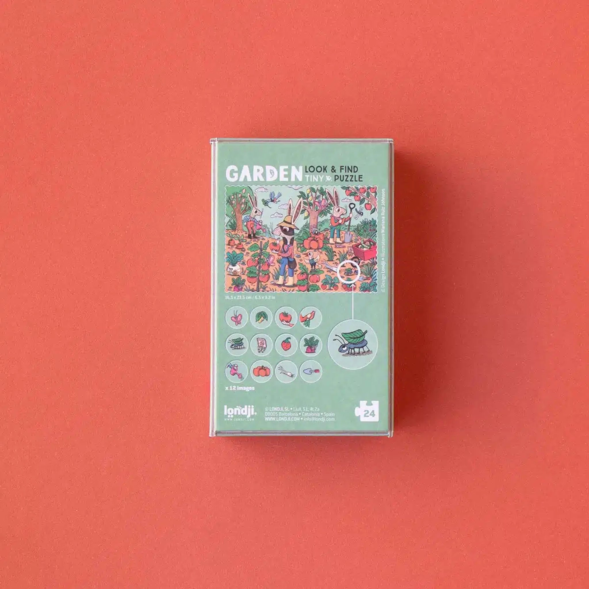 Minipuzzle: Garden zeigt eine liebevolle Illustration von Kaninchen beim Gärtnern. Enthält 24 Teile und 12 Suchaufgaben. Perfekt für Kinder ab 4 Jahren, aus nachhaltigen Materialien, ideal für unterwegs.