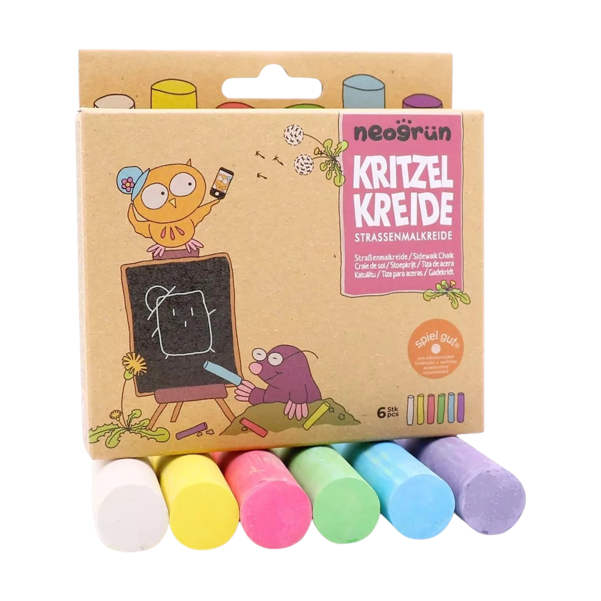 Kritzelkreide von neogrün: Ein Karton mit sechs extra dicken, nahezu staubfreien Kreiden, ideal für Kinderhände. Perfekt für Malspaß auf Asphalt und Stein, vegan und schadstoffgeprüft, aus deutscher Manufaktur.