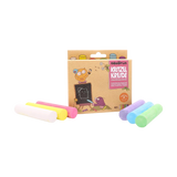 Kritzelkreide: Eine Box neogrün Straßenmalkreide mit sechs dicken, pastellfarbenen Kreidestücken, ideal für Kinderhände. Vegan, nahezu staubfrei, leicht abwaschbar und umweltfreundlich, handgefertigt in Deutschland.