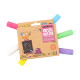 Kleine Kartonverpackung von neogrün Kritzelkreide mit sechs nahezu staubfreien, veganen Kreidestücken. Cartoon-Vögel zeichnen auf einer Tafel. Ideal für Kinderhände, vielseitig einsetzbar, leicht abwaschbar.