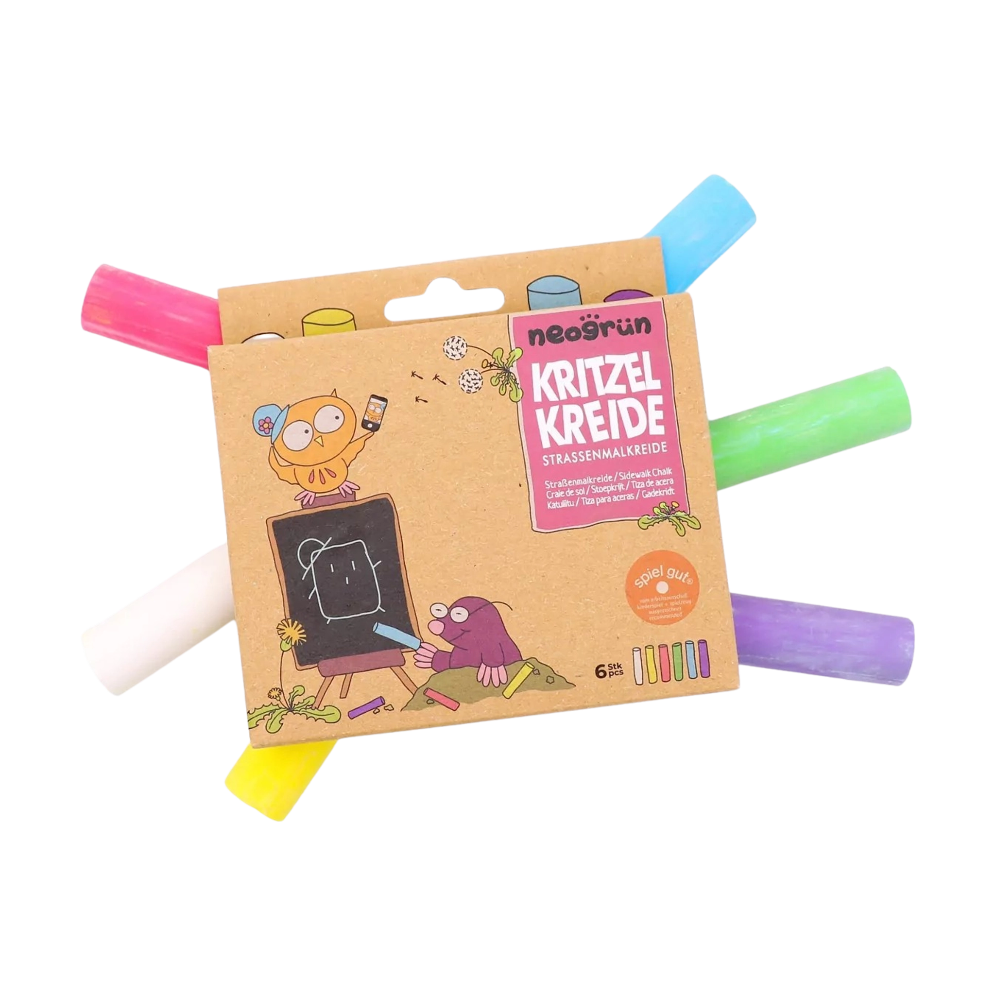 Kleine Kartonverpackung von neogrün Kritzelkreide mit sechs nahezu staubfreien, veganen Kreidestücken. Cartoon-Vögel zeichnen auf einer Tafel. Ideal für Kinderhände, vielseitig einsetzbar, leicht abwaschbar.