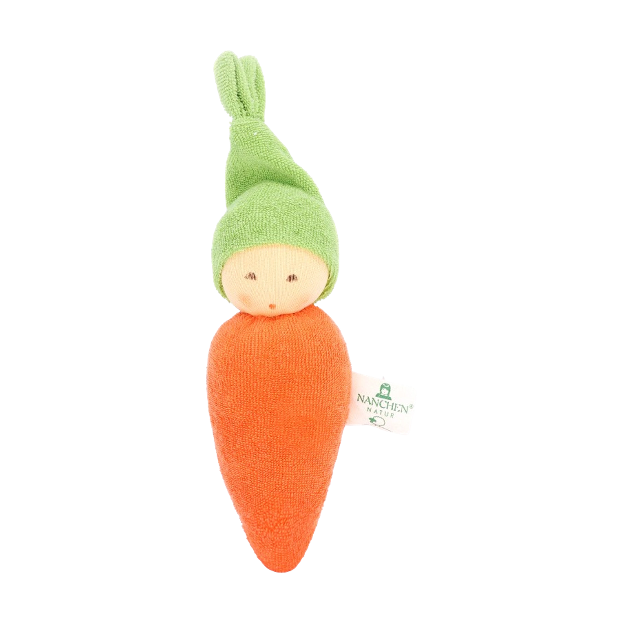 Greifling: Möhrchen von Nanchen Natur, ein kleines Plüschtier in Karottenform mit konischem Körper und rundem Puppenkopf, der eine grüne Blattkappe trägt, ideal für nachhaltige, ästhetische Babyspielzeuge.