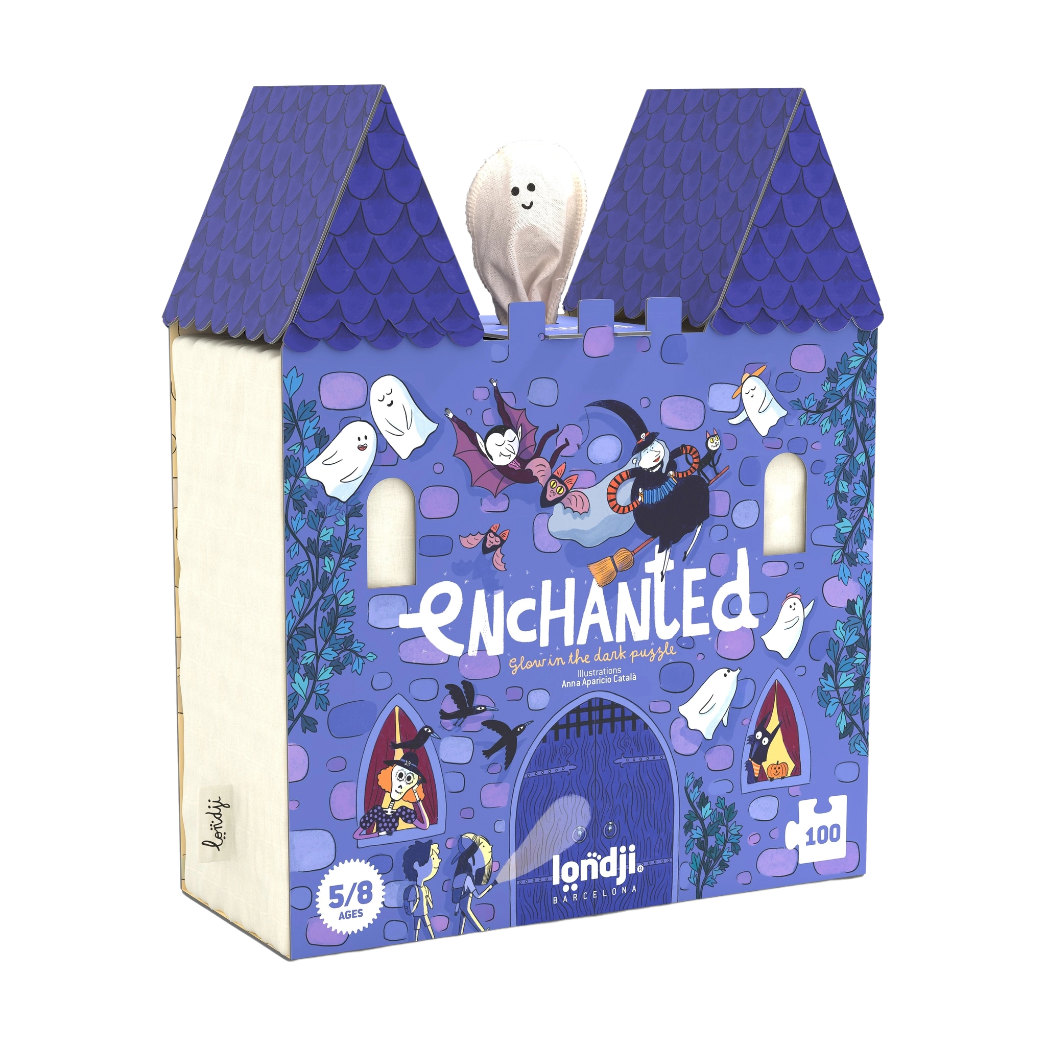 Puzzle: Enchanted in einer schlossförmigen Box von Londji, Barcelona. Die Szene zeigt Geister, Hexe, Fledermäuse und Kinder vor Toren. 100 Teile, für Kinder von 5–8 Jahren. Glow-in-the-dark-Funktion.