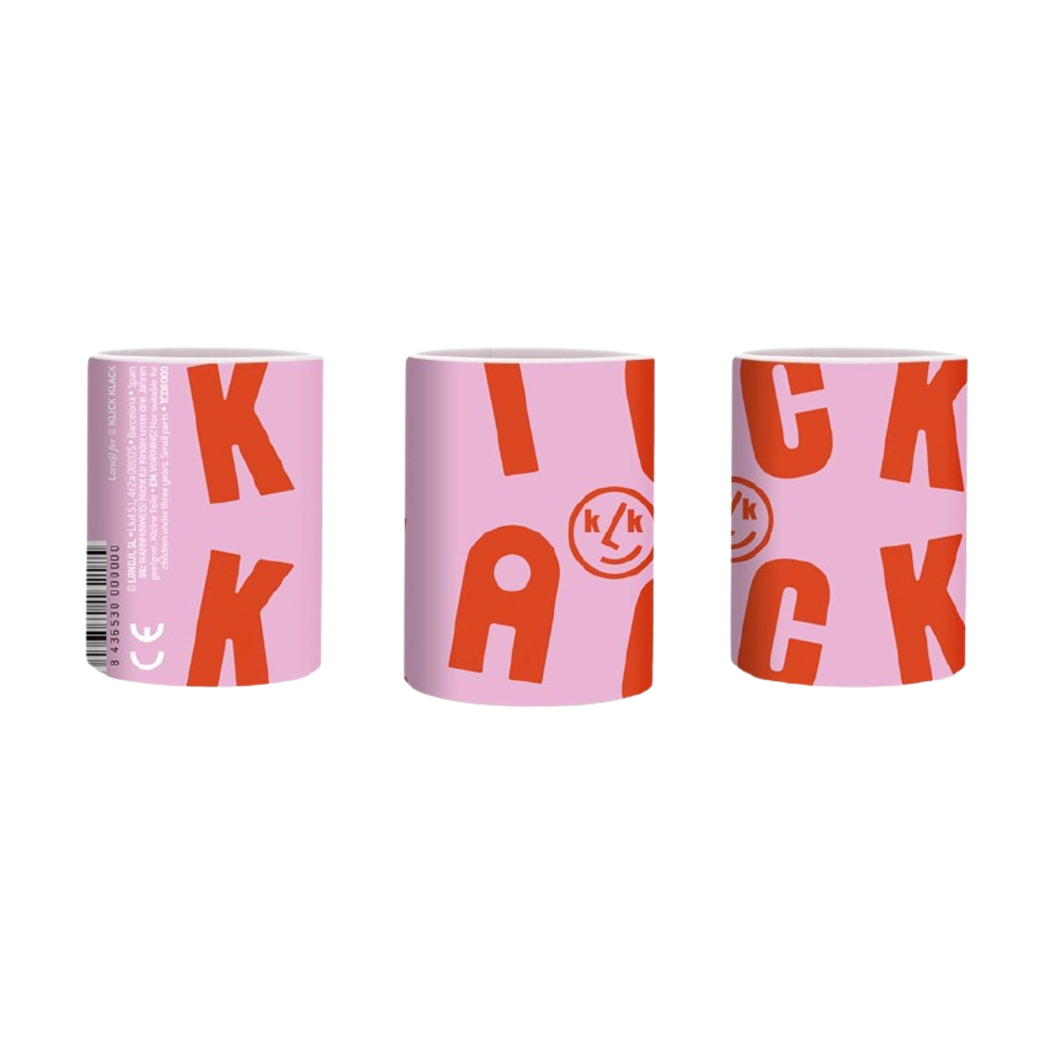 Drei identische Mini-Kaleidoskope aus FSC-Karton mit pinkem KICK-Label und kleinem k/k-Logo, CE-Zeichen und Barcode. Sie verwandeln reale Bilder in kaleidoskopische Muster, liebevoll in Spanien gefertigt.