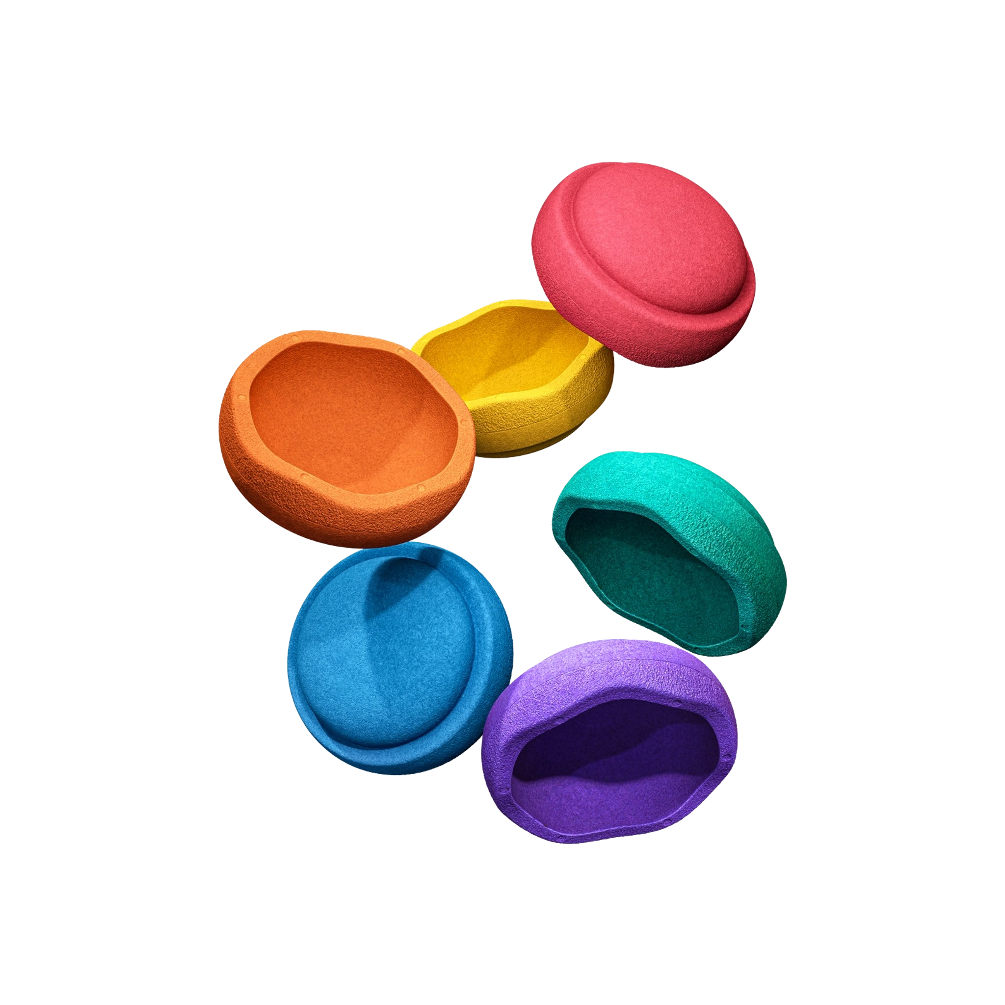 Sechs weiche, strukturierte Schalen, die Stapelstein: Mini Regenbogen Classic (6 Steine), präsentieren sich in sanfter Filzoptik. Diese farbenfrohen Elemente verkörpern KLICKKLACKs Ästhetik, Design und Nachhaltigkeit.